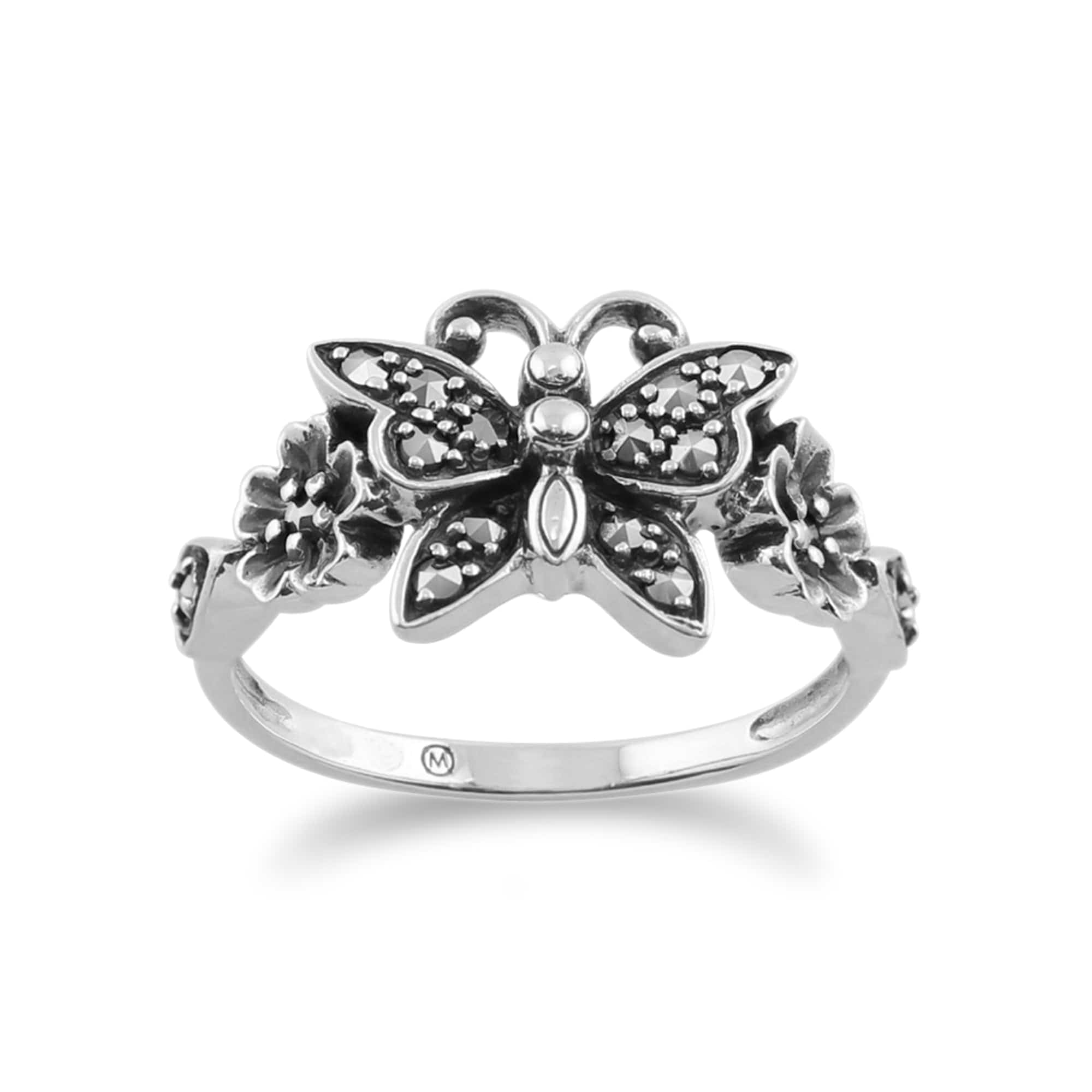 Art Nouveau Style Round Marcasite Butterfly Ring in 925 Sterling Silver - Gemondo
