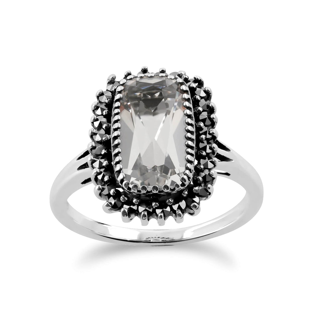 Art Deco Style Rock Crystal & Marcasite Halo Cluster Ring