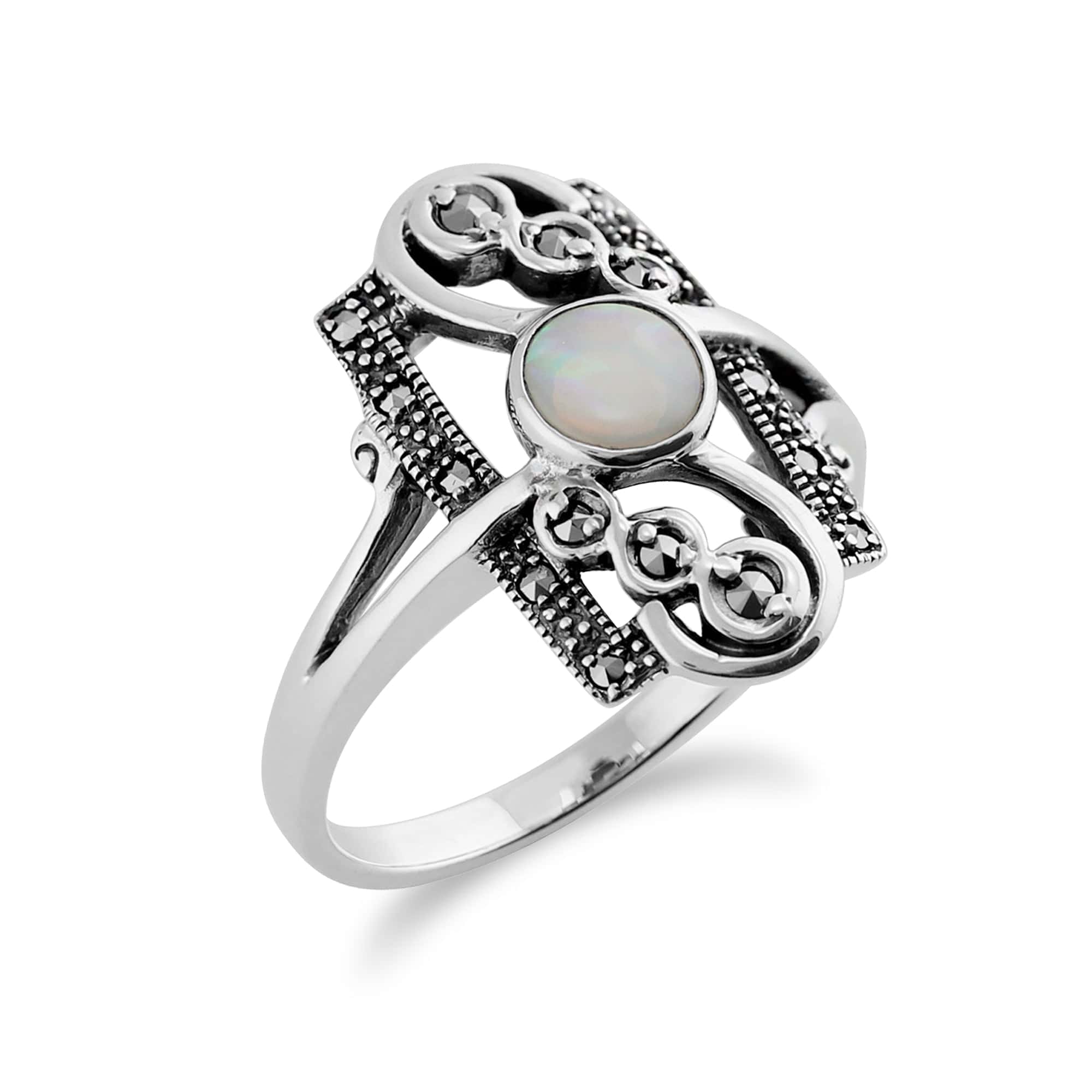 Art Nouveau Opal & Marcasite Silver Ring