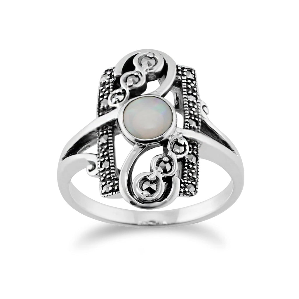 Art Nouveau Style Round Opal & Marcasite Spiral Frame Ring