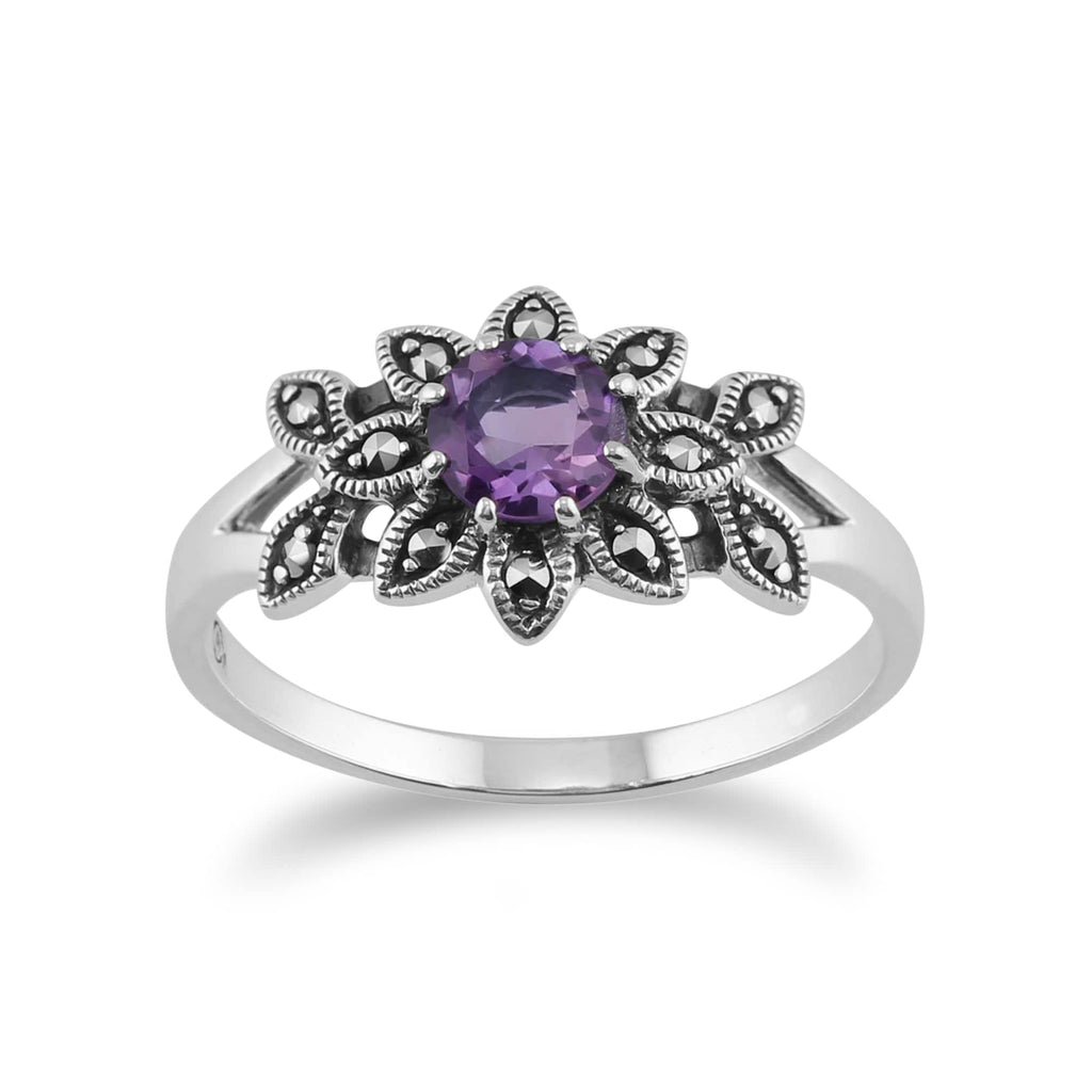 Art Nouveau Style Round Amethyst & Marcasite Floral Ring 925 Sterling