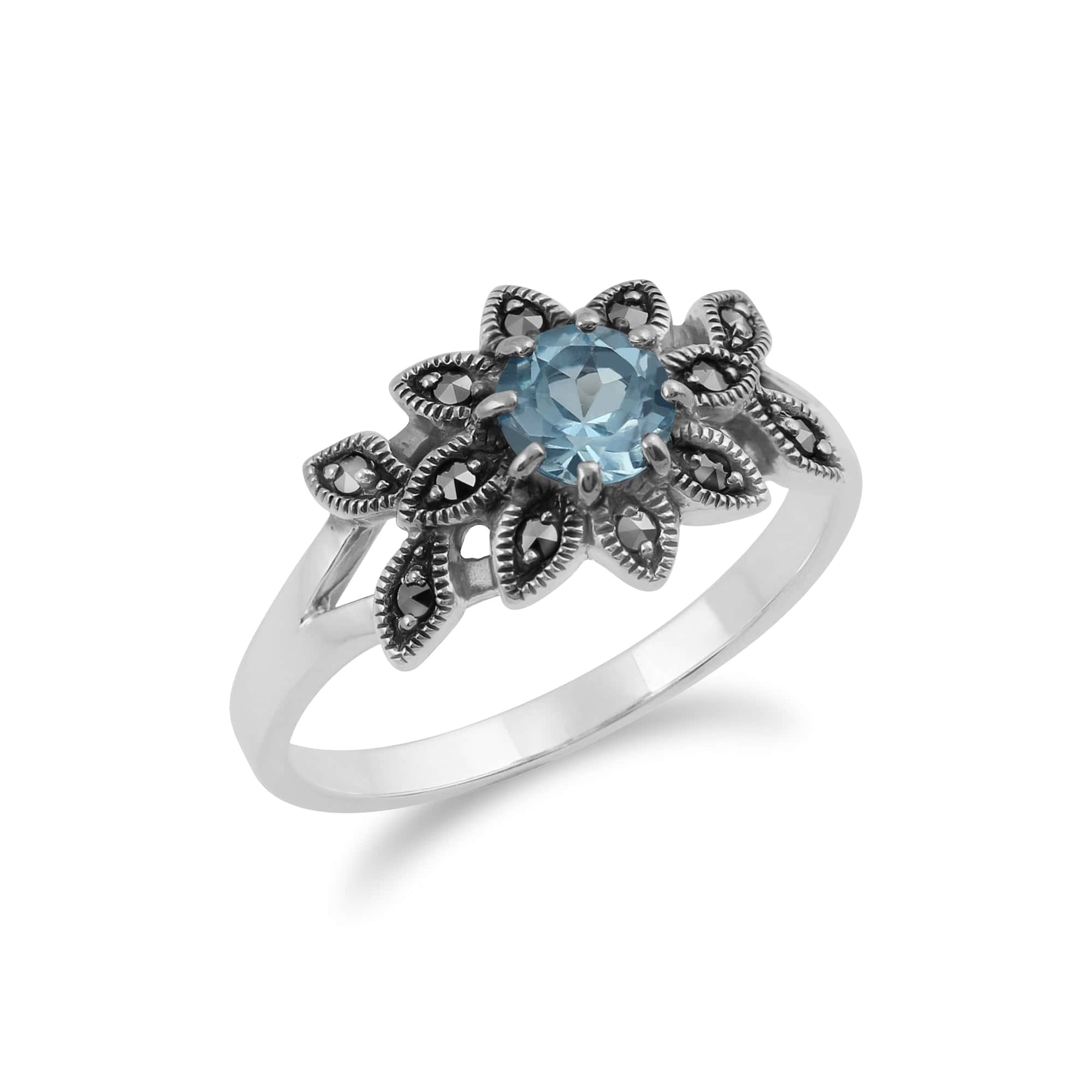 Art Nouveau Style Round Blue Topaz & Marcasite Floral Ring in Sterling Silver - Gemondo