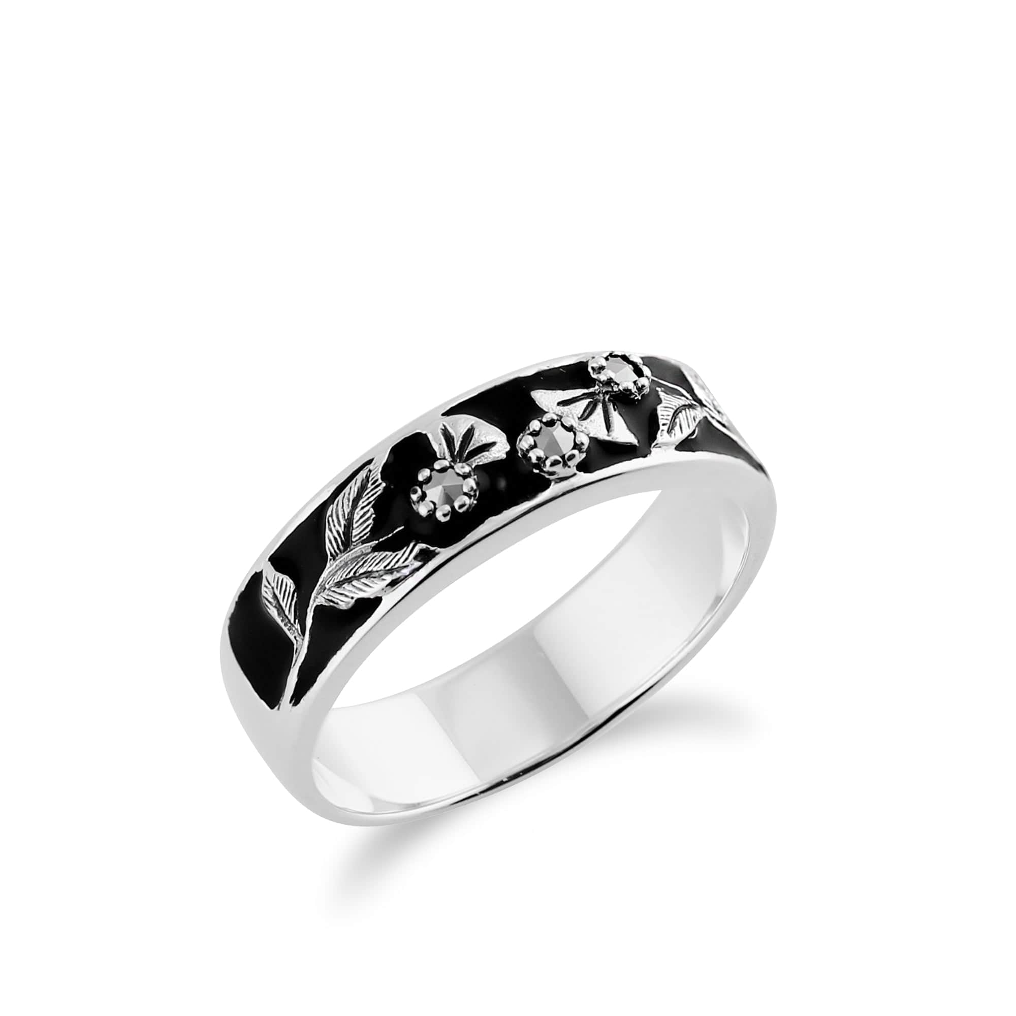 Floral Round Marcasite & Black Enamel Thisstle Band Ring in 925 Sterling Silver - Gemondo