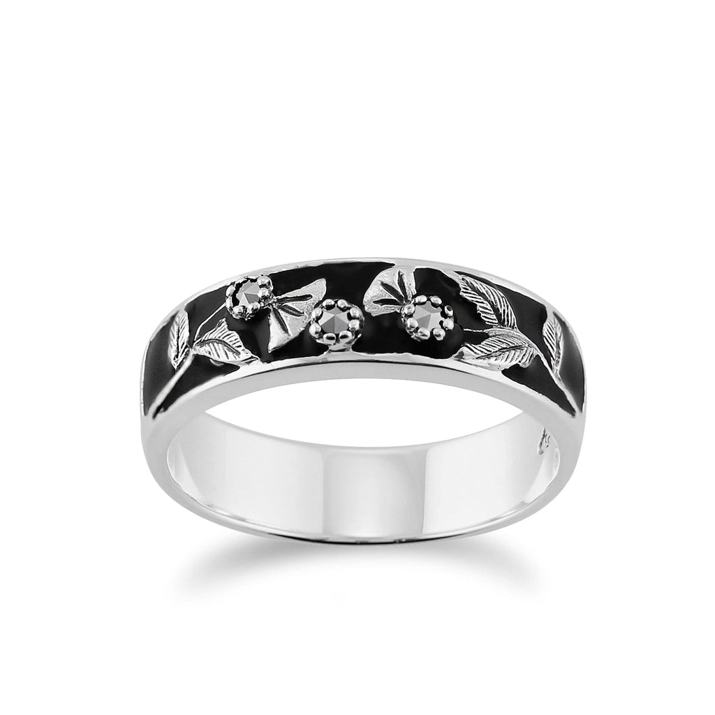 Floral Round Marcasite & Enamel Thisstle Band Ring 925 Sterling Silver
