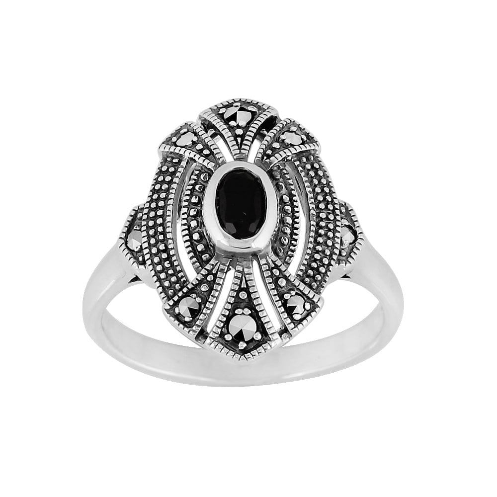 Art Deco Style Oval Black Onyx & Marcasite Cocktail Ring in 925 Sterling Silver - Gemondo