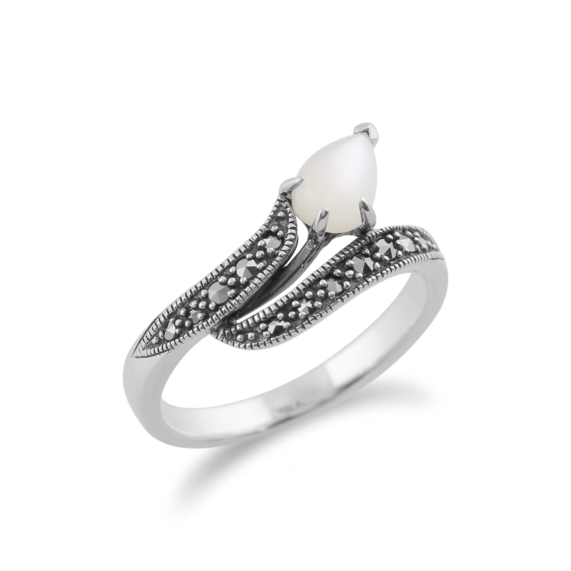 Art Nouveau Style Pear Mother of Pearl & Marcasite Twist Ring in 925 Sterling Silver - Gemondo