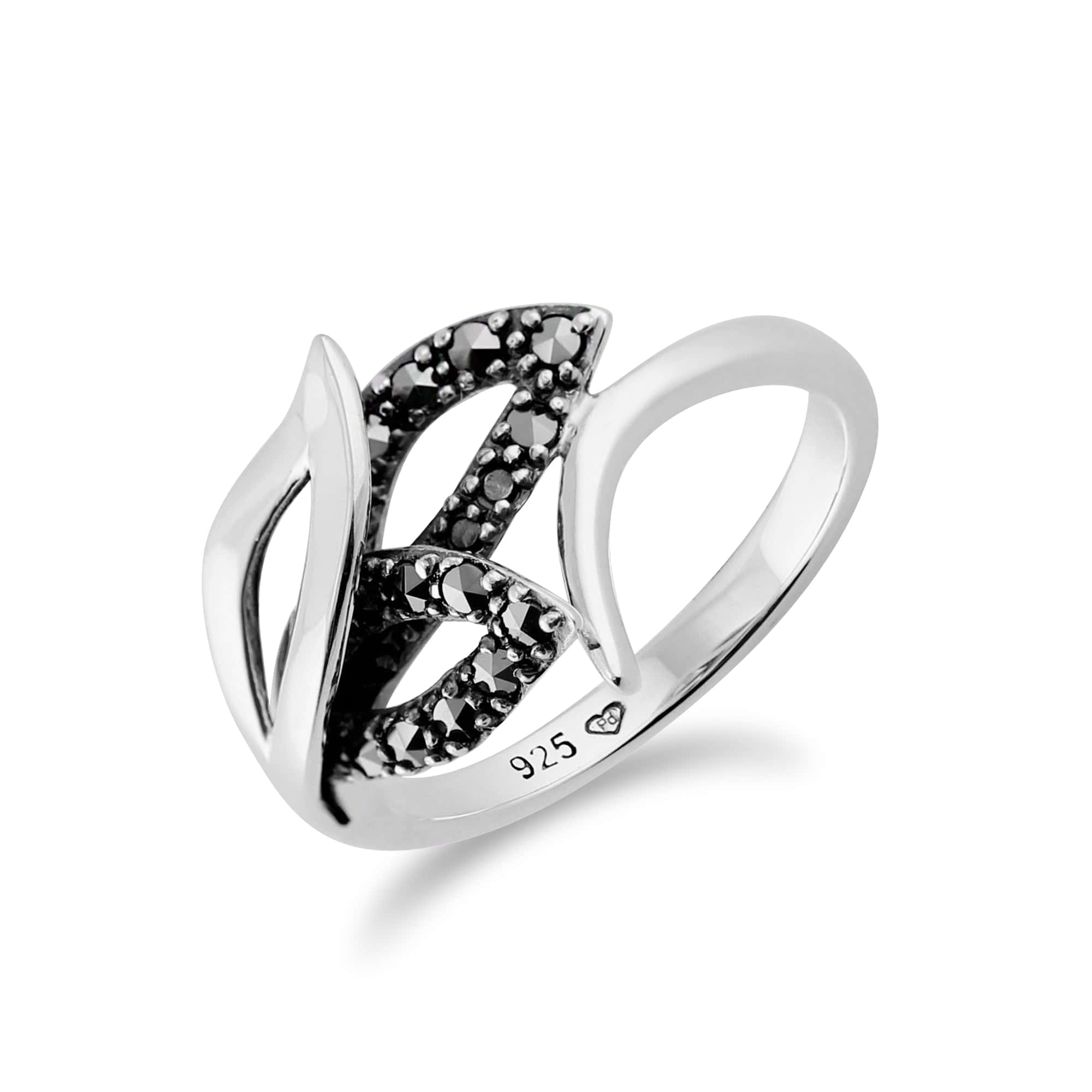 Art Nouveau Style Round Marcasite Leaf Wrap Ring in 925 Sterling Silver - Gemondo