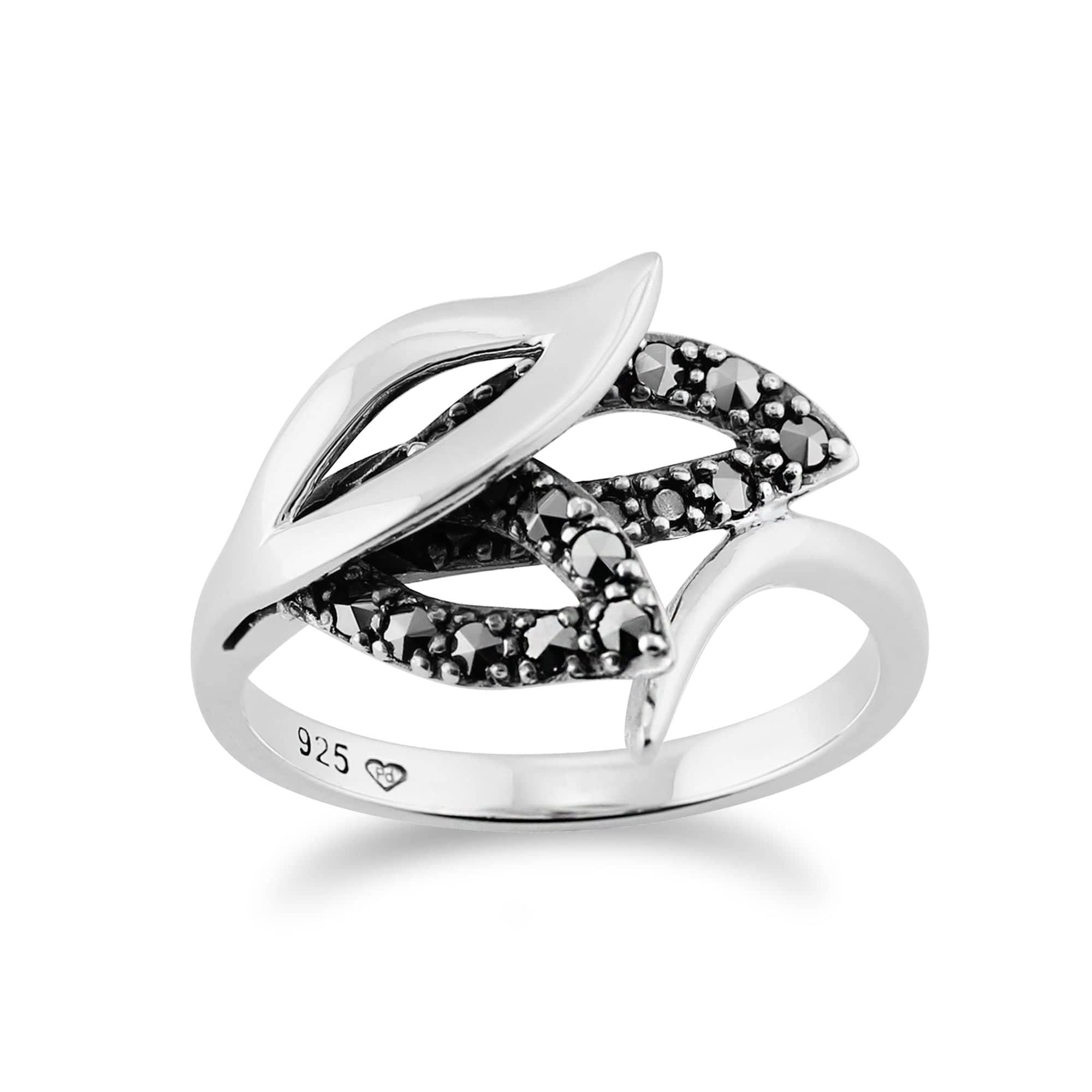 Art Nouveau Style Round Marcasite Leaf Wrap Ring in 925 Sterling Silver - Gemondo