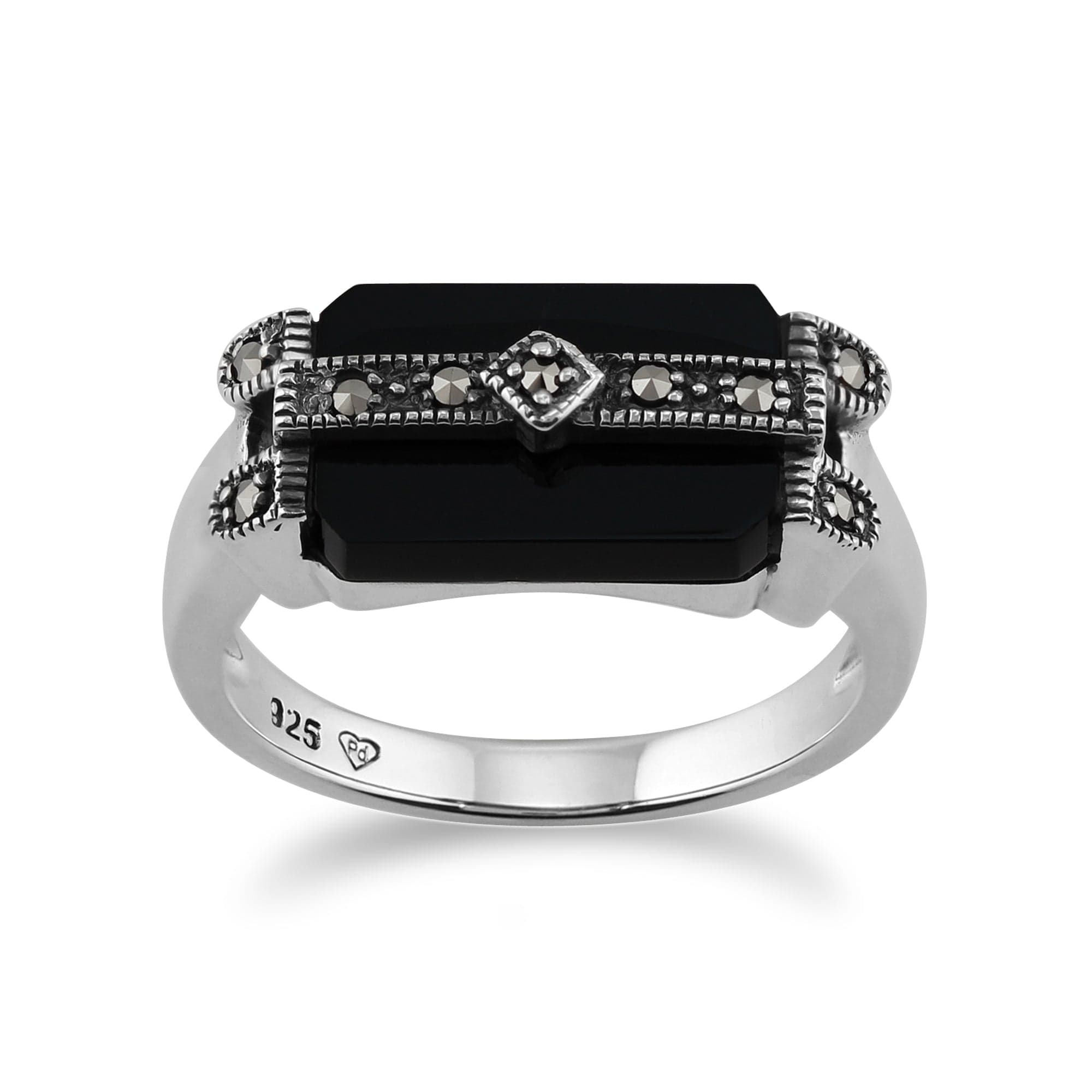 Art Deco Style Rectangle Black Onyx & Marcasite Bar Ring in 925 Sterling Silver - Gemondo