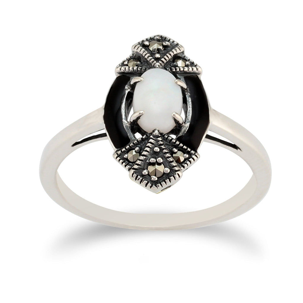 Art Deco Style Oval Opal Marcasite & Enamel Marquise Ring Sterling Silver