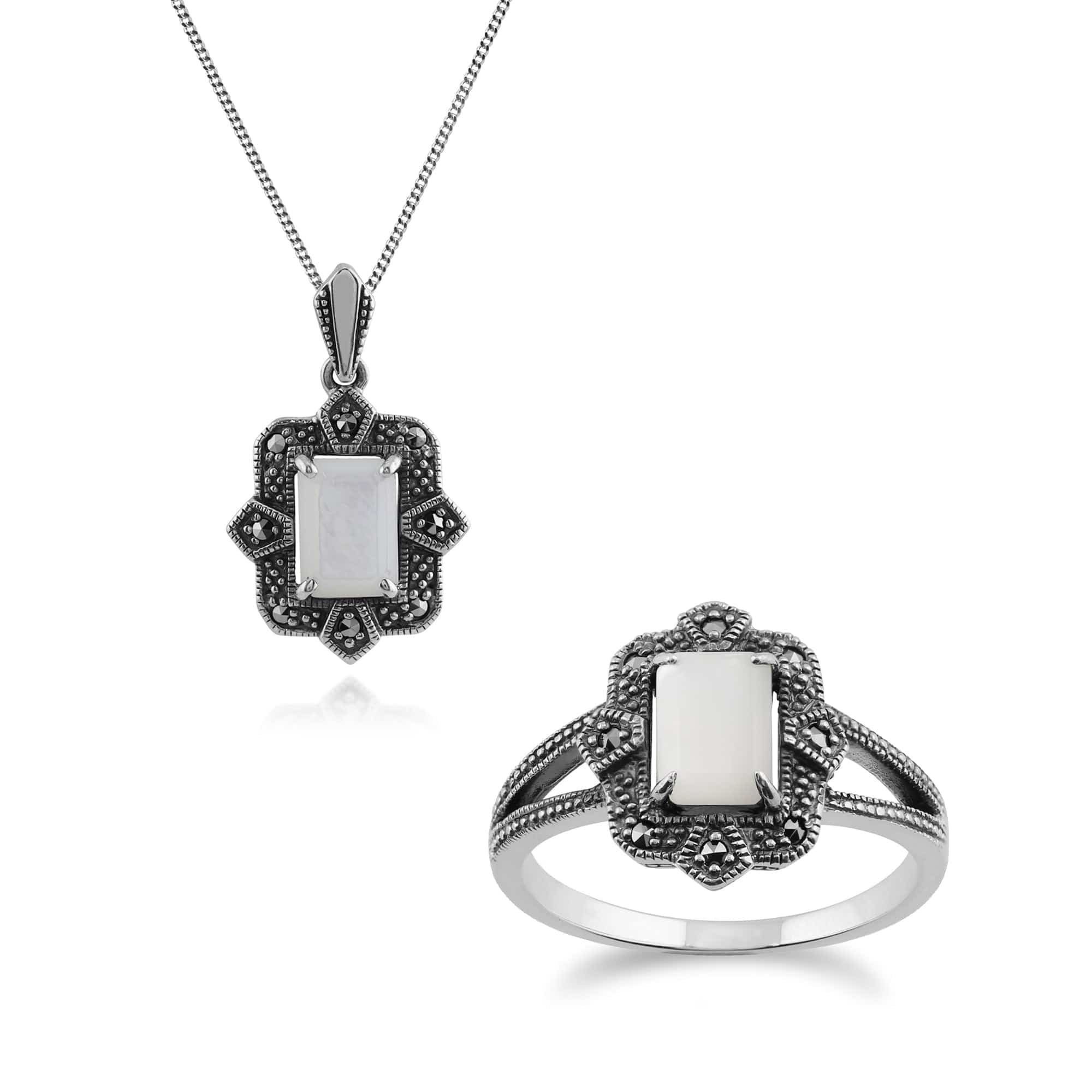 214P297802925-214R479004925 Art Deco Style Baguette Mother of Pearl & Marcasite Framed Pendant & Ring Set in 925 Sterling Silver 1