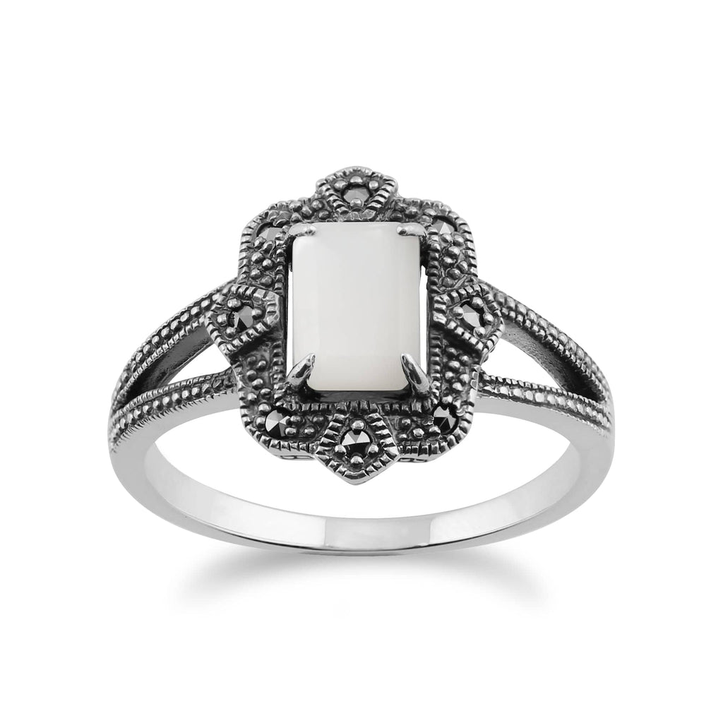 Art Deco Style Baguette Mother Pearl & Marcasite Ring 925 Sterling