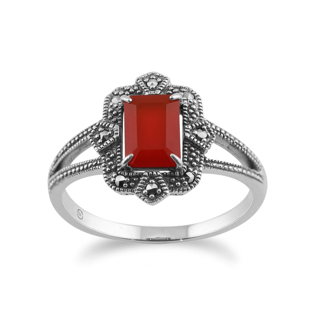 Art Deco Style Baguette Carnelian & Marcasite Ring 925 Sterling