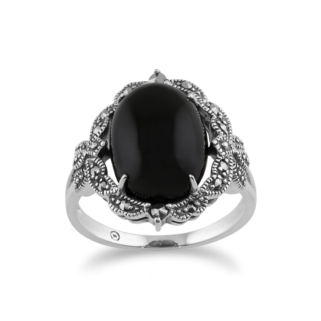 Art Nouveau Style Oval Onyx Cabochon & Marcasite Statement Ring 925 Sterling Silver