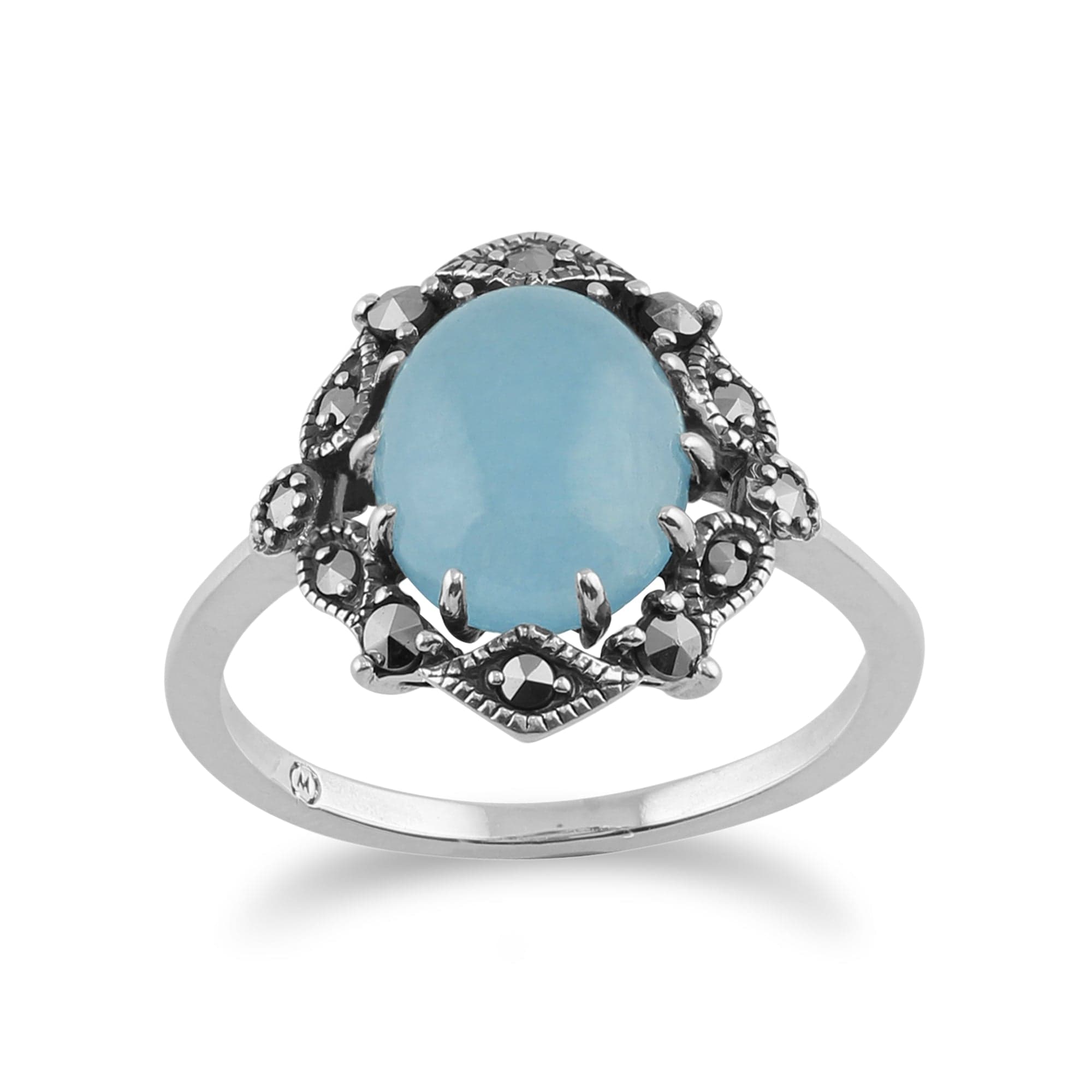 Art Nouveau Style Oval Blue Jade Cabochon & Marcasite Statement Ring in 925 Sterling Silver - Gemondo