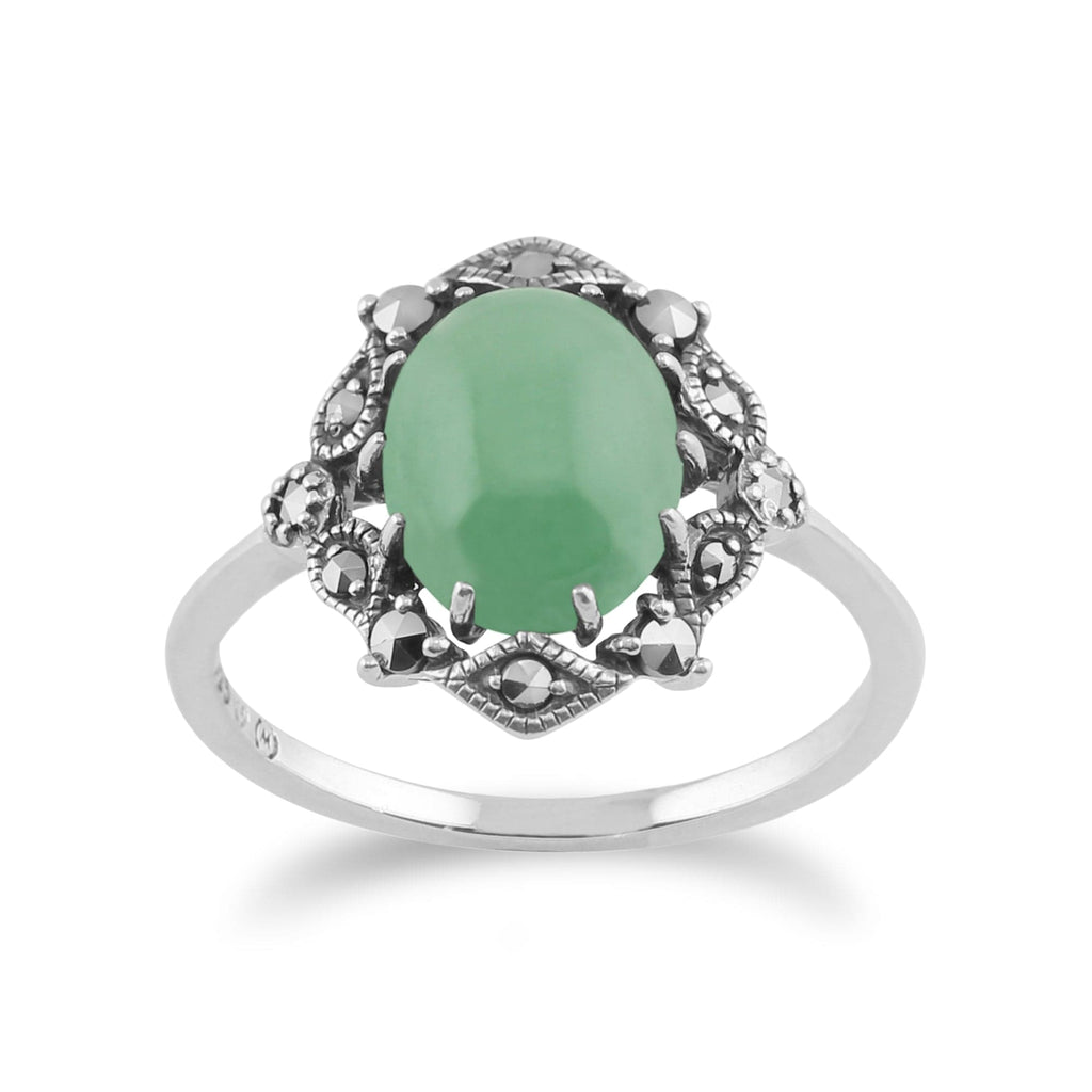Art Nouveau Style Oval Jade Cabochon & Marcasite Statement Ring