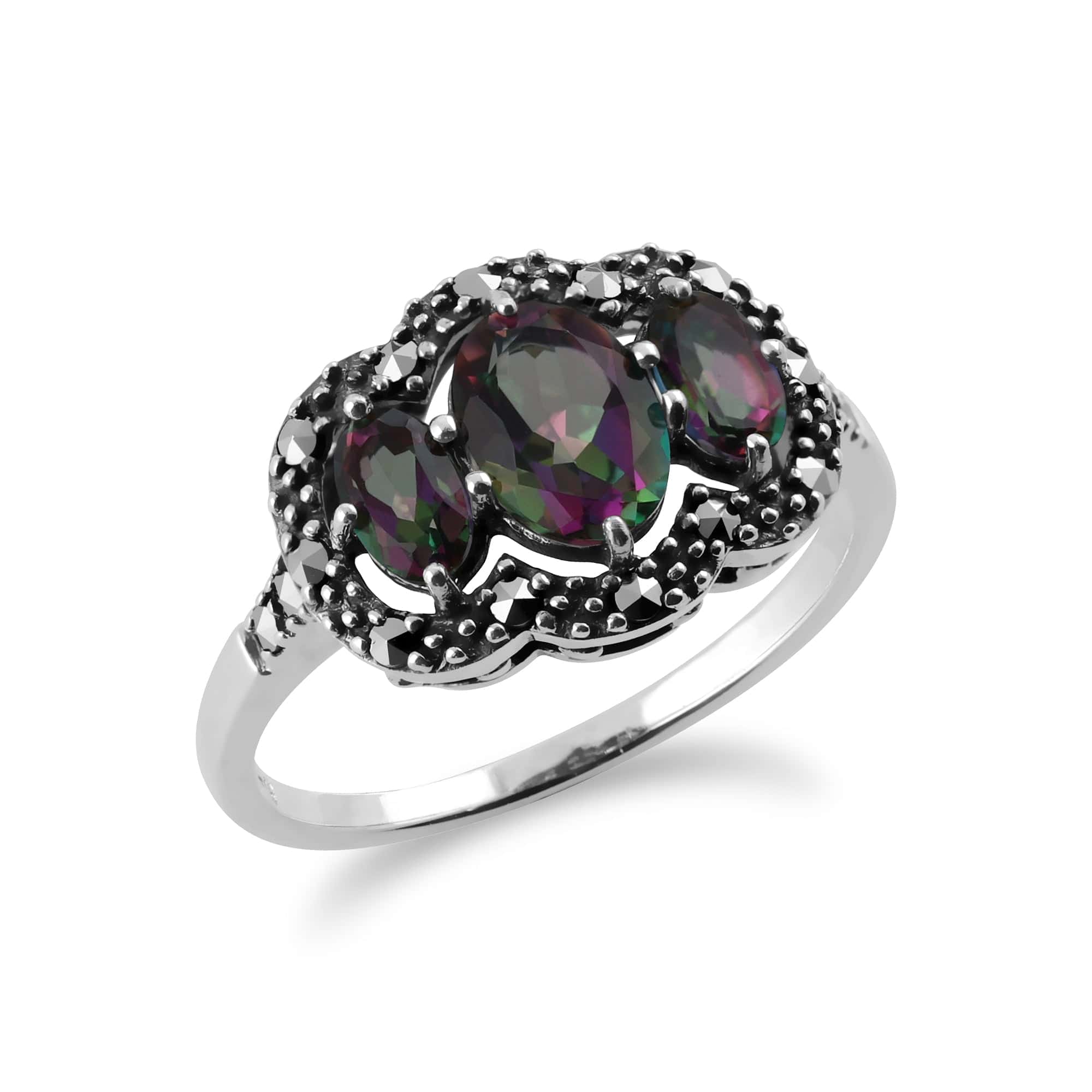 Art Deco Style Oval Mystic Topaz & Marcasite Three Stone Ring In Sterling Silver - Gemondo