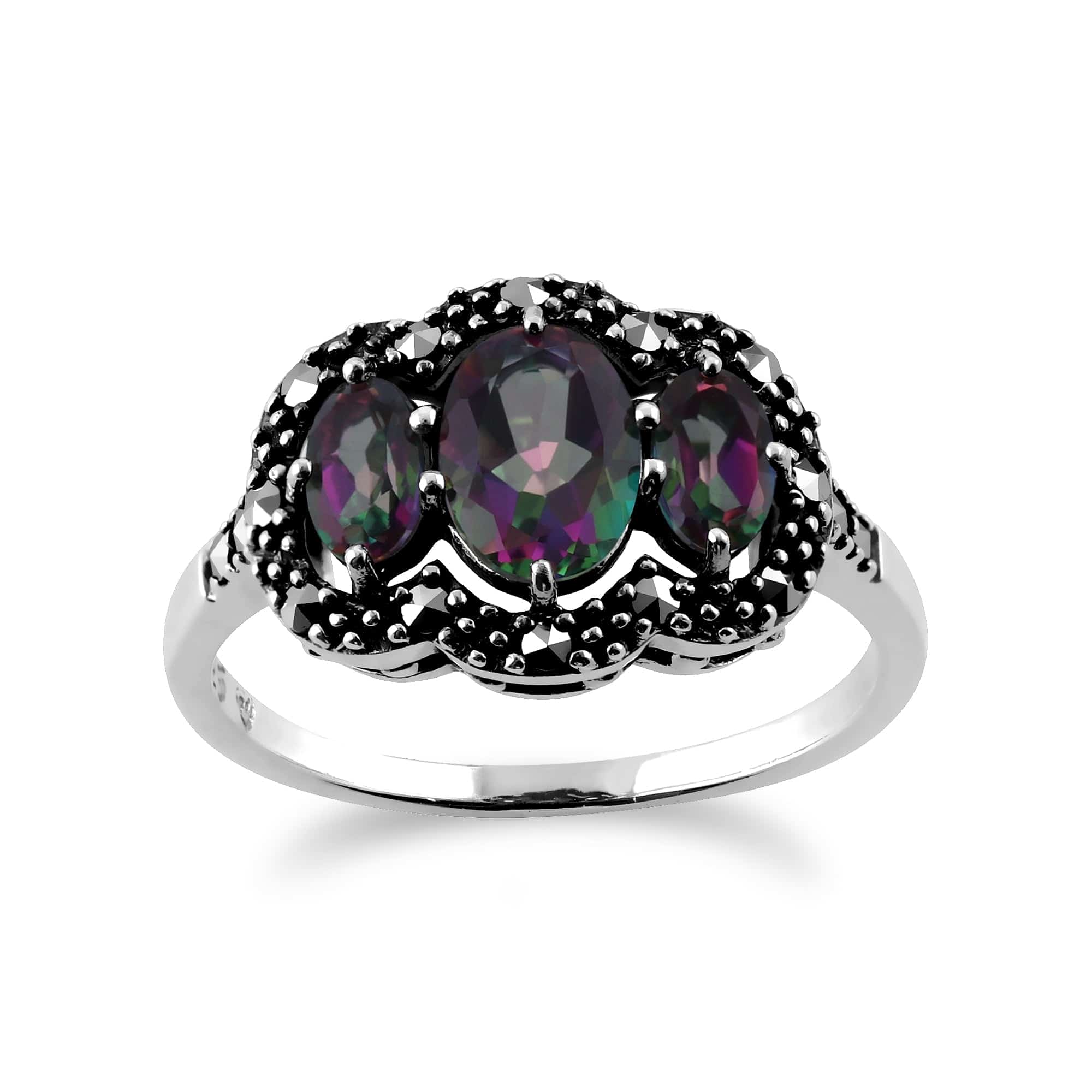 Art Deco Style Oval Mystic Topaz & Marcasite Three Stone Ring In Sterling Silver