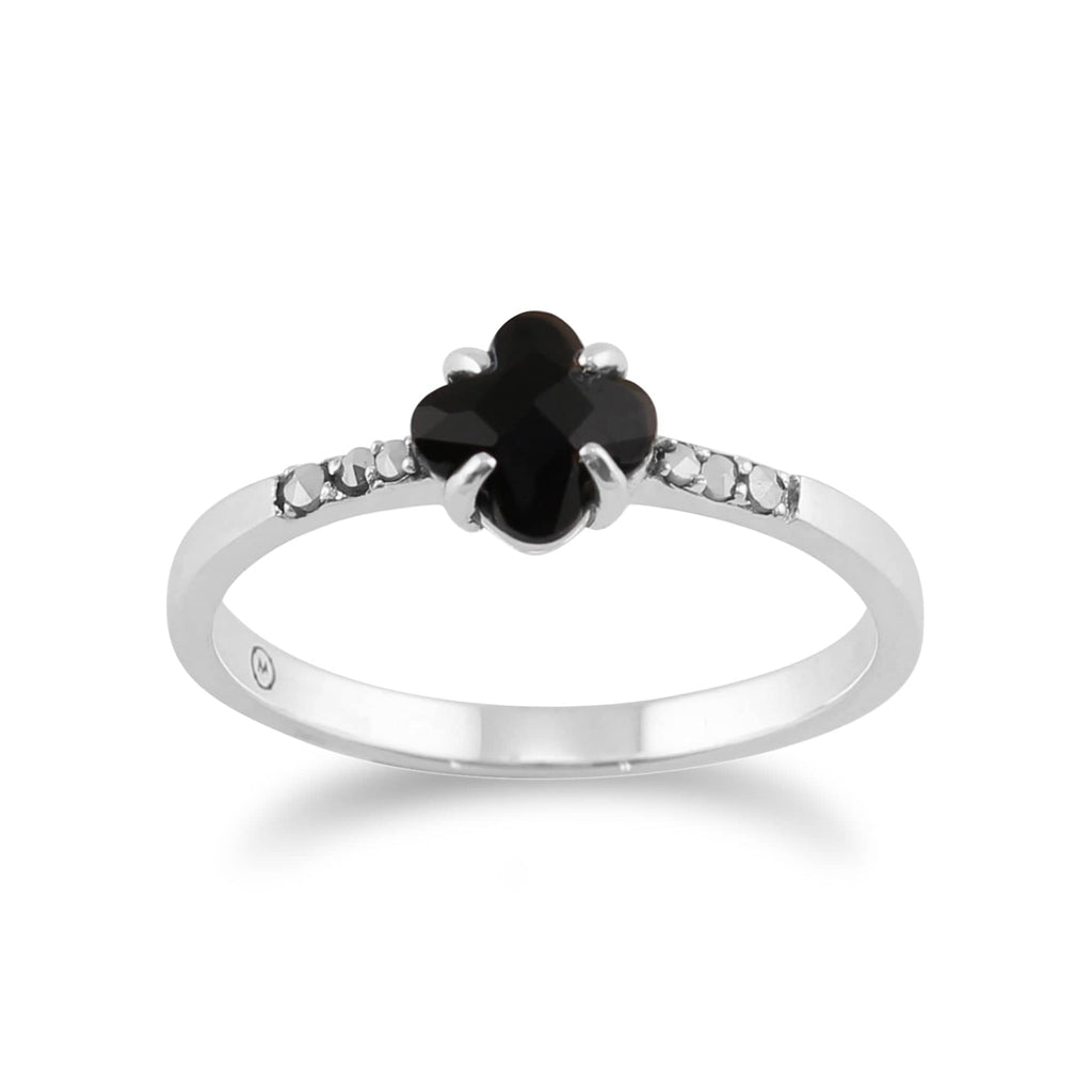 Floral Square Onyx & Marcasite Ring 925 Sterling Silver