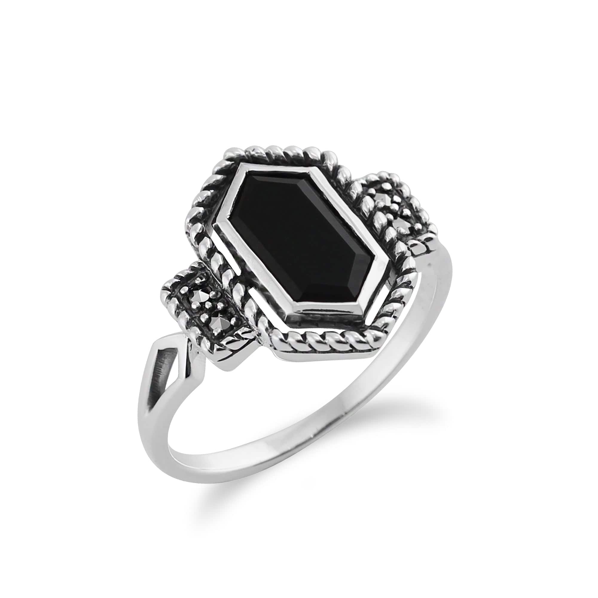 214R498901925 Gemondo Sterling Silver 1.00ct Black Onyx & 4.8pt Marcasite Art Deco Style Ring 2