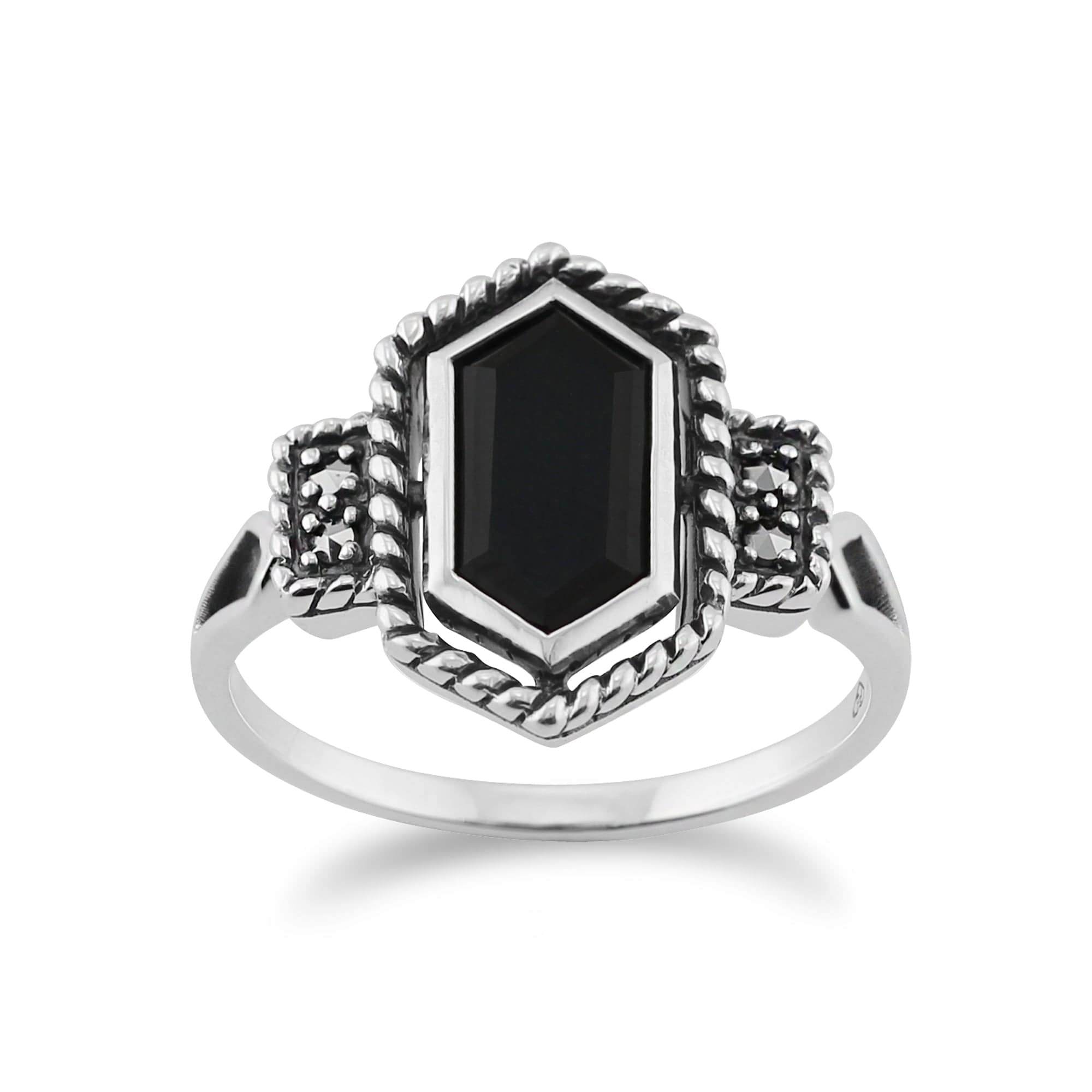 Gemondo Sterling Silver 1.00ct Black Onyx & 4.8pt Marcasite Art Deco Style Ring Image 1