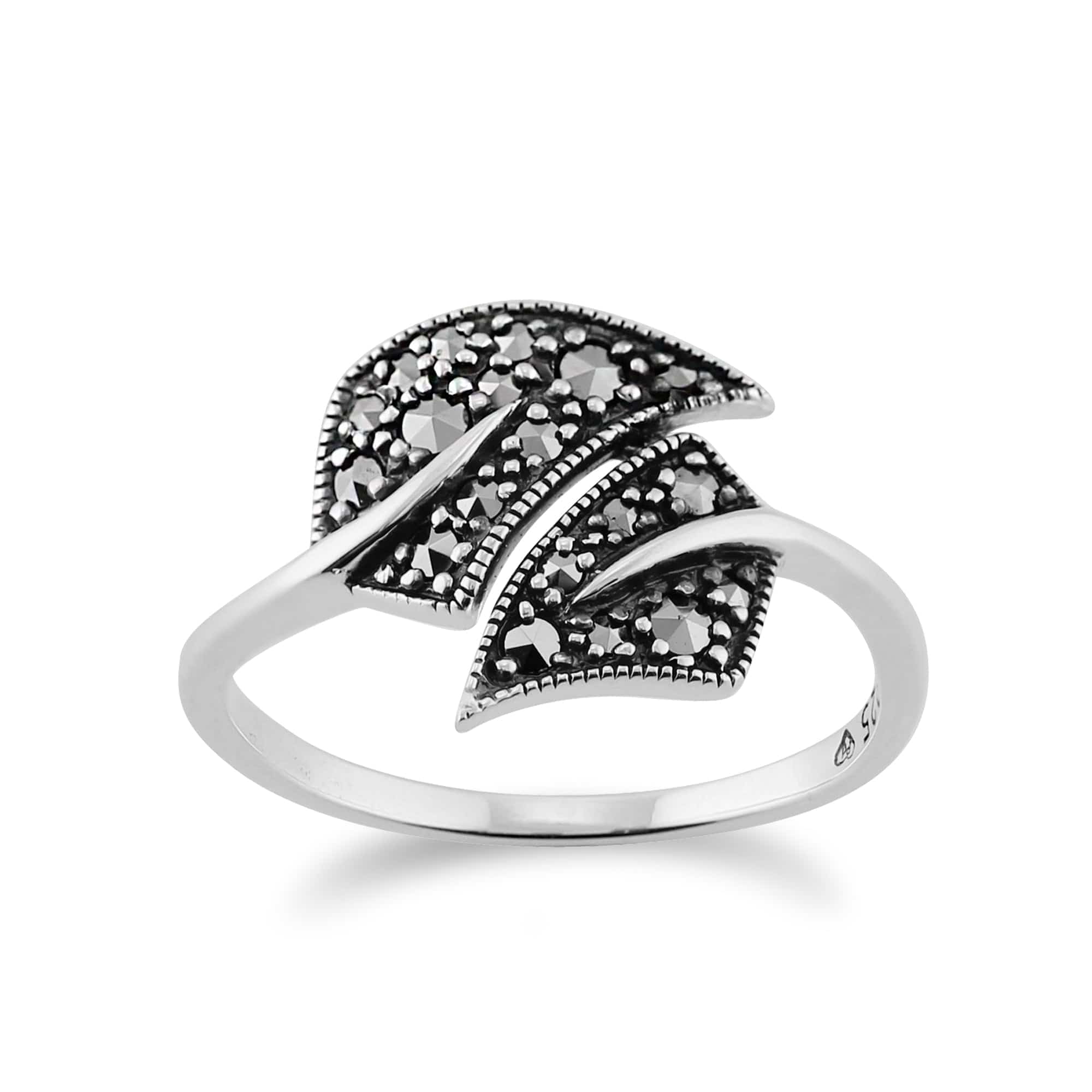 Art Nouveau Style Round Marcasite Leaf Wrap Ring in 925 Sterling Silver