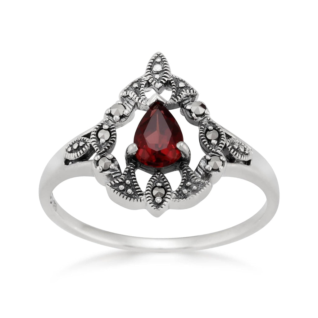 Victorian Style Pear Garnet & Marcasite Garland Statement Ring