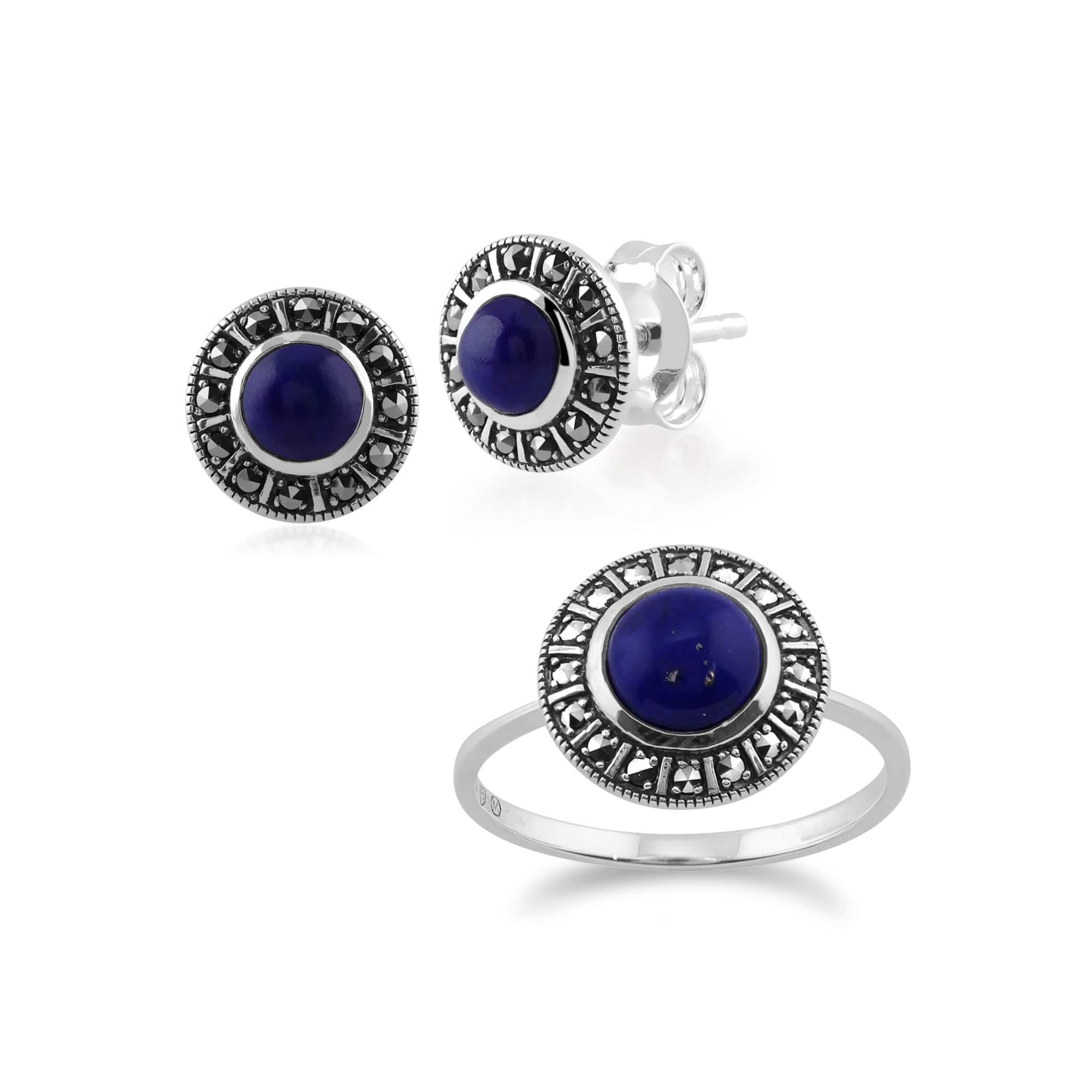 214E850402925-214R513408925 Art Deco Style Round Lapis Lazuli & Marcasite Halo Stud Earrings & Ring Set in 925 Sterling Silver 1