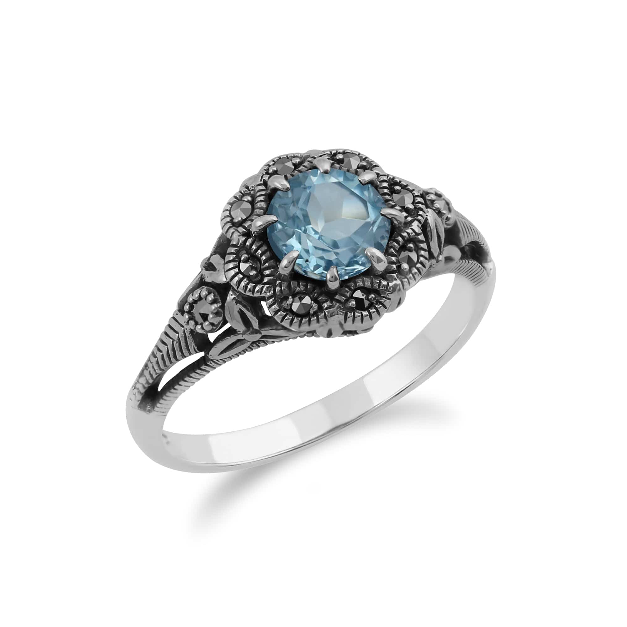 Art Nouveau Style Round Blue Topaz & Marcasite Floral Ring in Sterling Silver - Gemondo