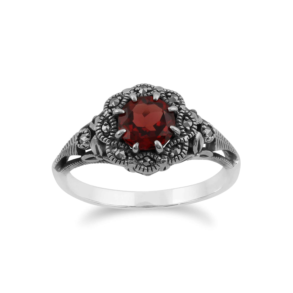 Art Nouveau Style Round Garnet & Marcasite Floral Ring Sterling