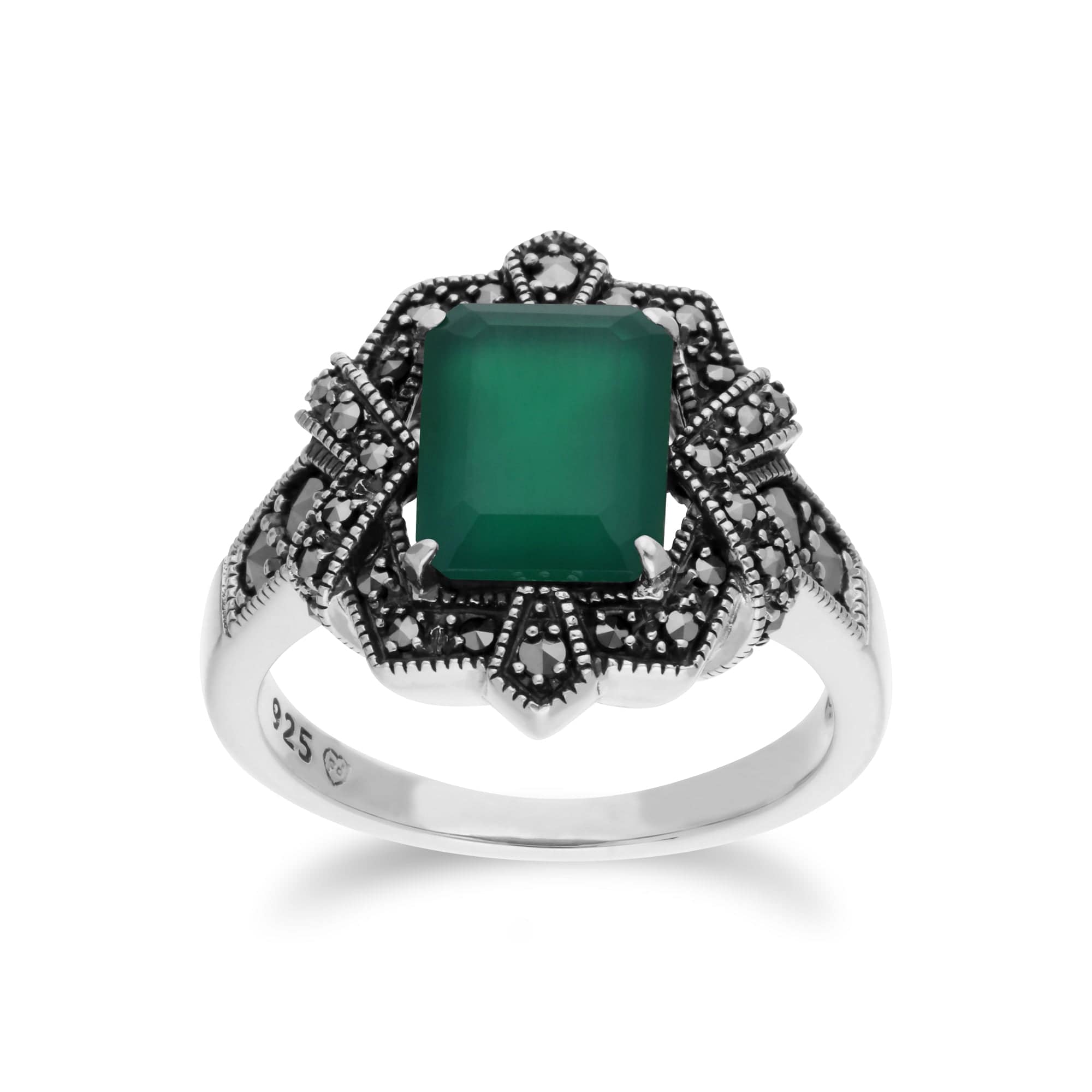 Art Deco Style Baguette Green Chalcedony & Marcasite Ring in 925 Sterling Silver - Gemondo
