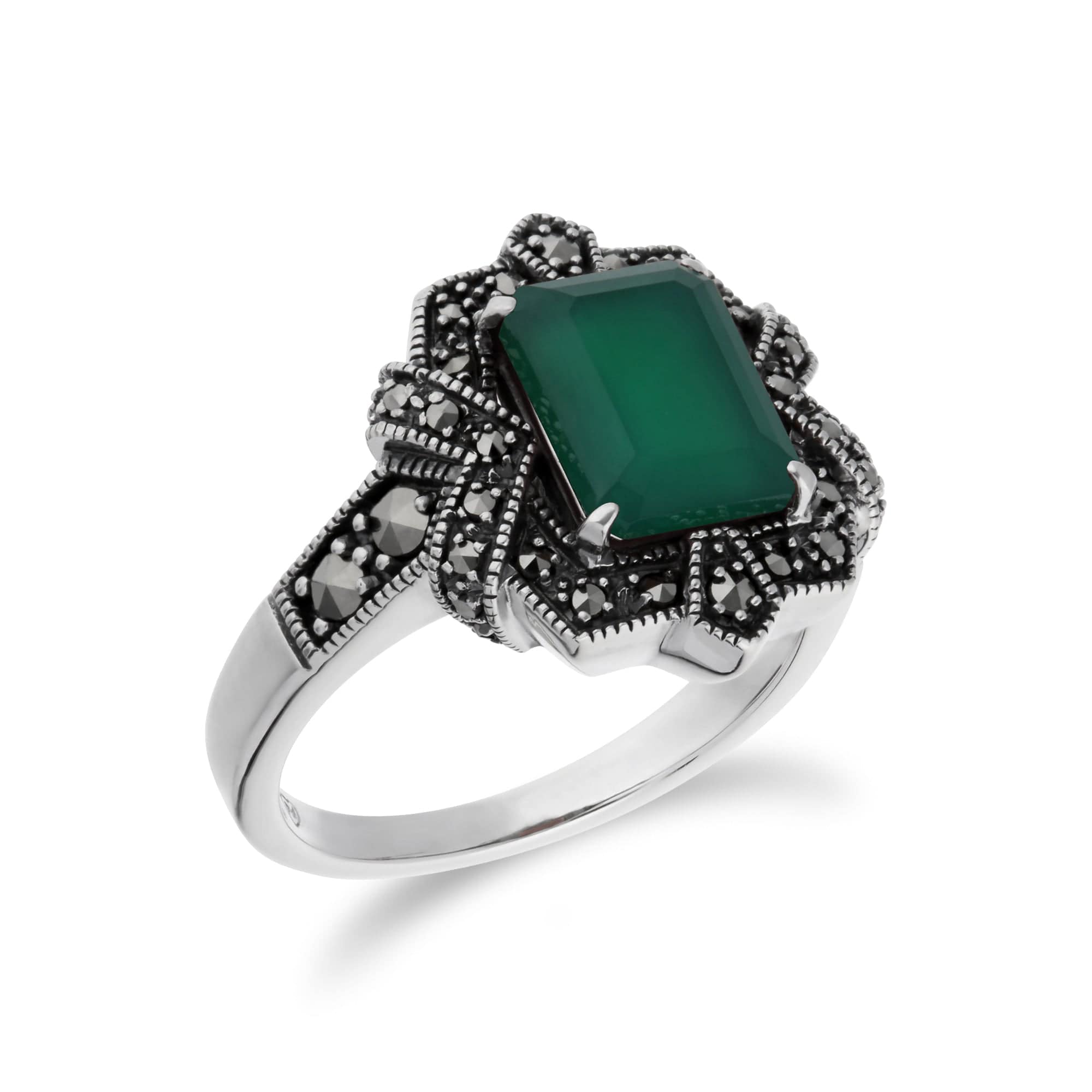 Art Deco Style Baguette Green Chalcedony & Marcasite Ring in 925 Sterling Silver - Gemondo