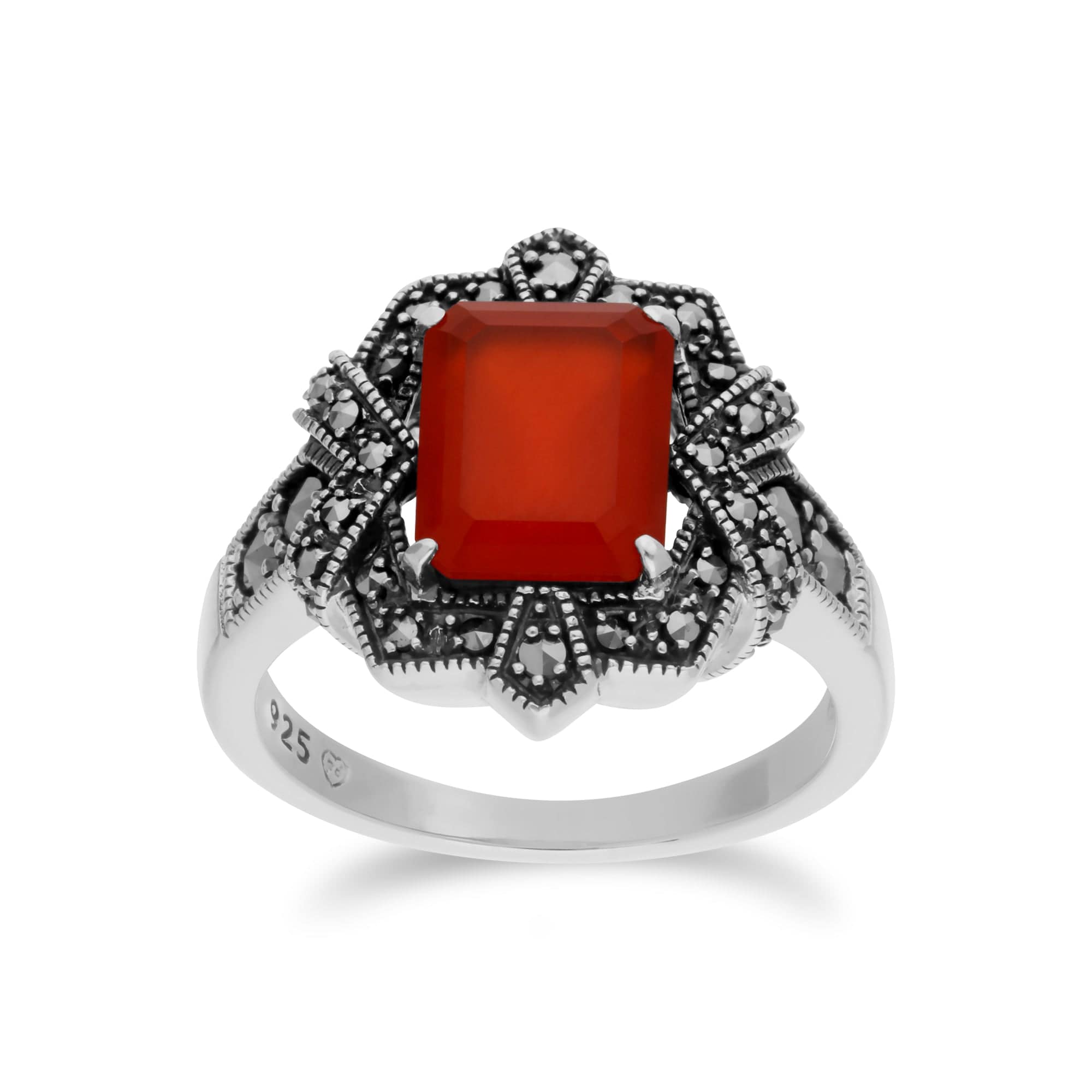 Art Deco Style Baguette Carnelian & Marcasite Ring in 925 Sterling Silver - Gemondo