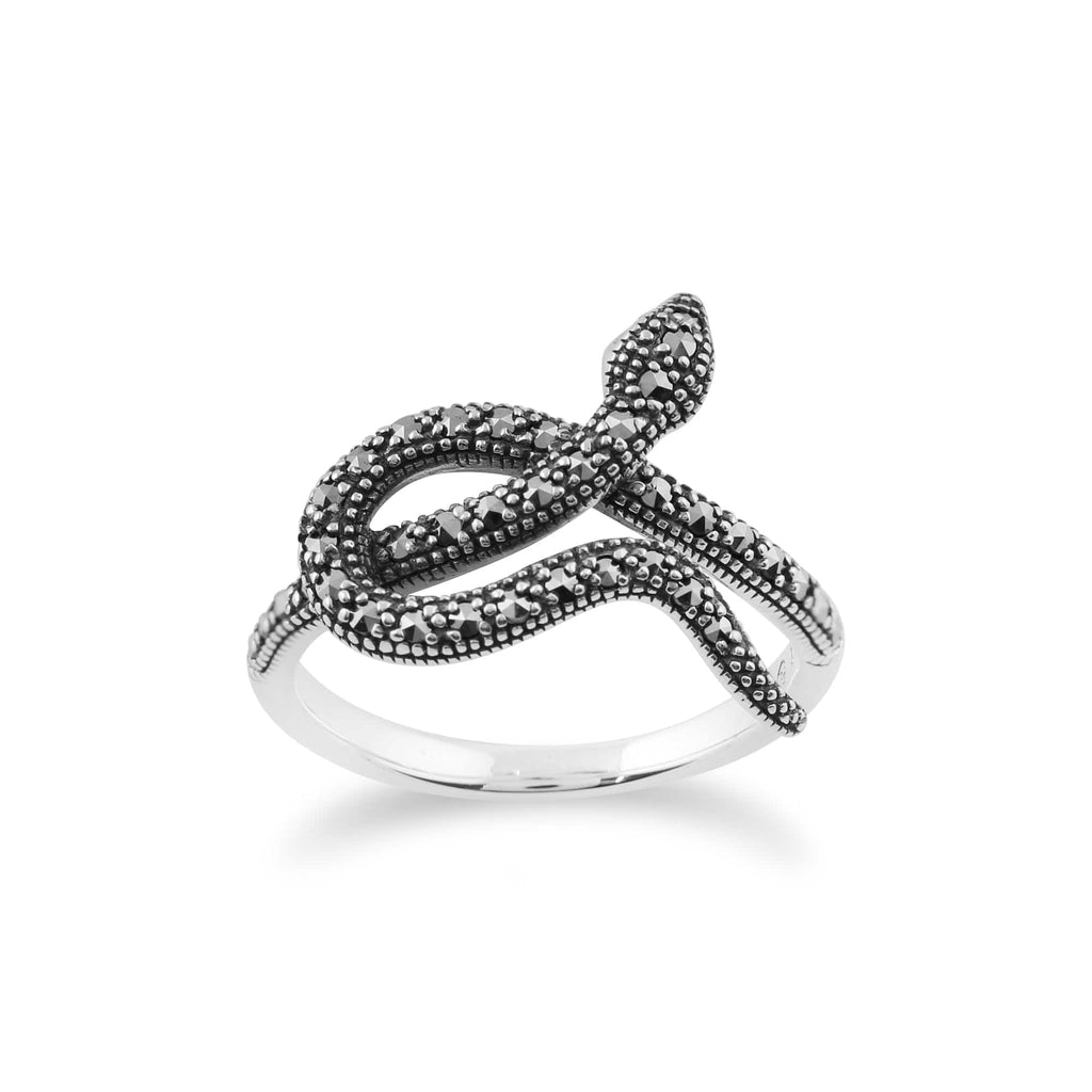 Art Nouveau Style Round Marcasite Snake Wrap Ring 925 Sterling