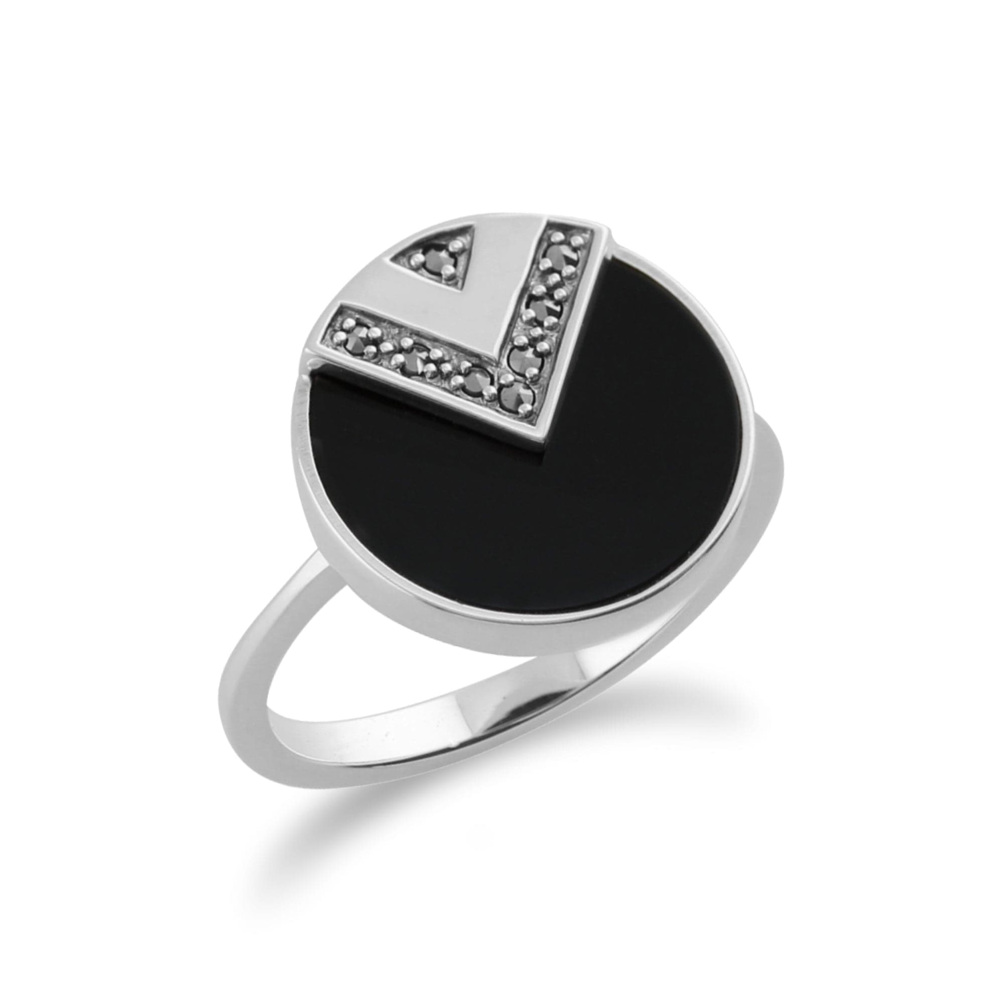 Gemondo 925 Sterling Silver 3ct Black Onyx & Marcasite Art Deco Ring Image 2