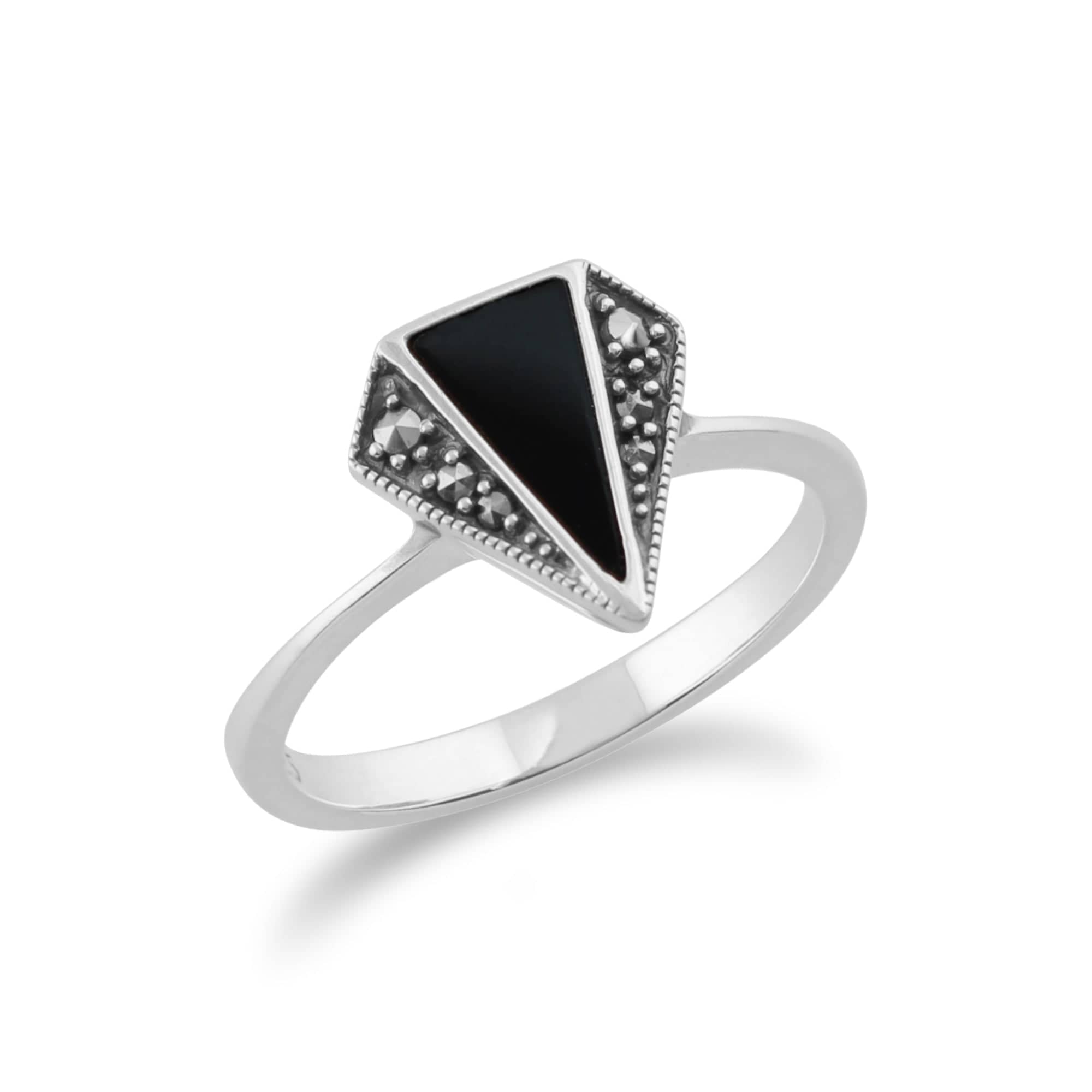 Art Deco Style Triangle Black Onyx & Marcasite Ring in 925 Sterling Silver - Gemondo