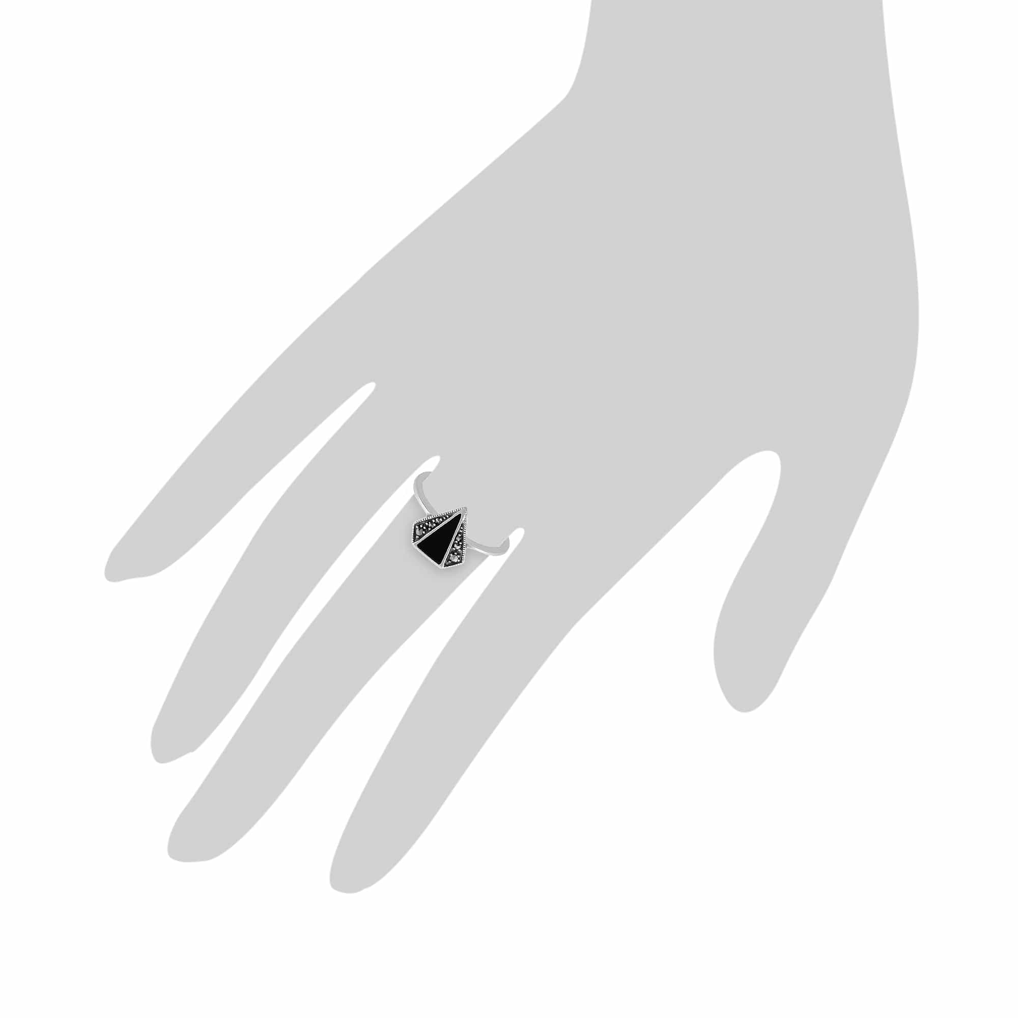 Art Deco Style Triangle Black Onyx & Marcasite Ring in 925 Sterling Silver - Gemondo