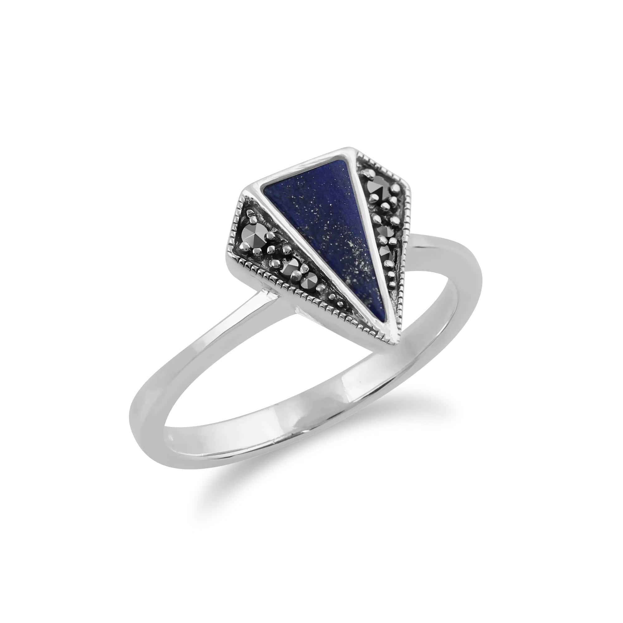 214R581903925 Gemondo 925 Sterling Silver Lapis Lazuli & Marcasite Art Deco Ring 2