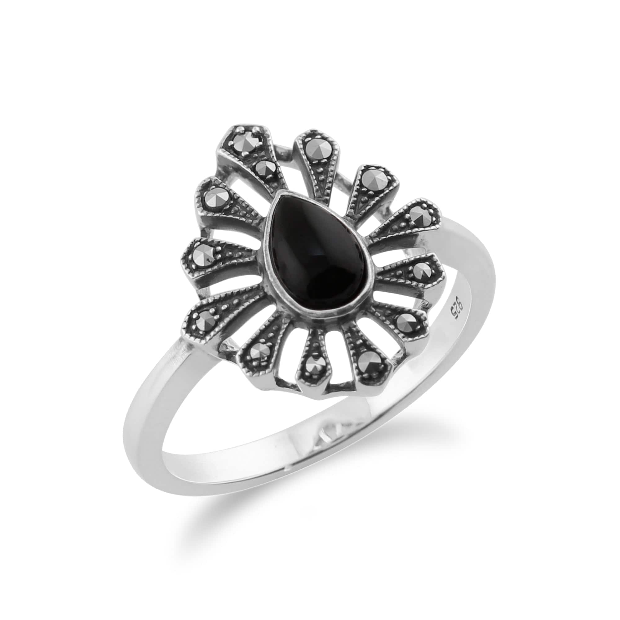 214R583901925 Art Deco Black Onyx & Marcasite Silver  Ring 2