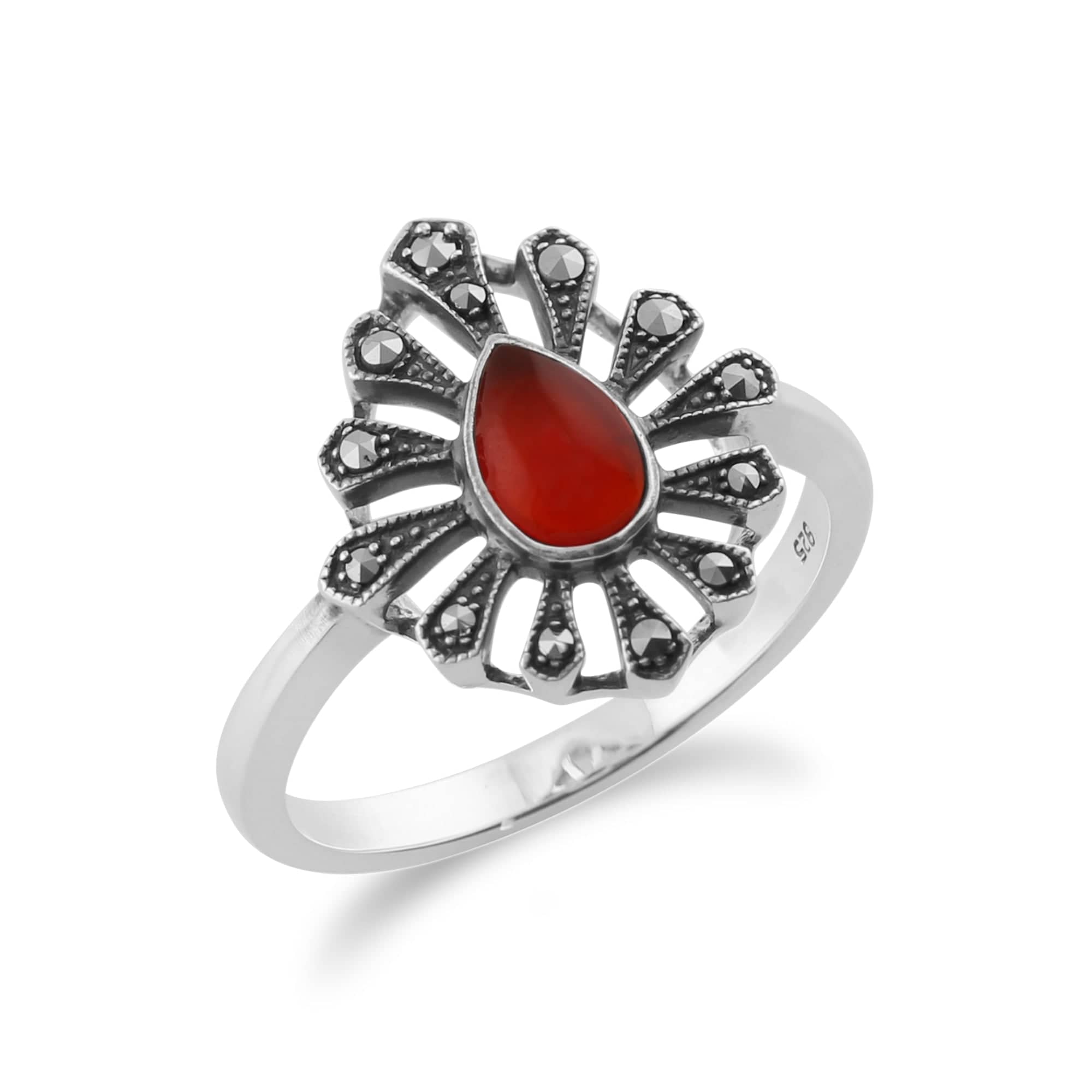 Gemondo 925 Sterling Silver 0.30ct Carnelian & Marcasite Art Deco Ring Image 2
