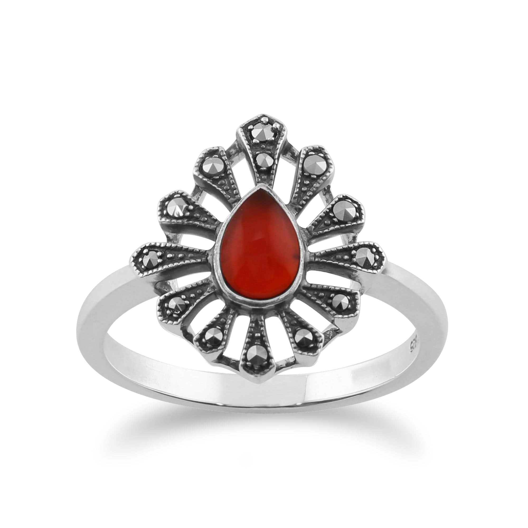 Gemondo 925 Sterling Silver 0.30ct Carnelian & Marcasite Art Deco Ring Image 1