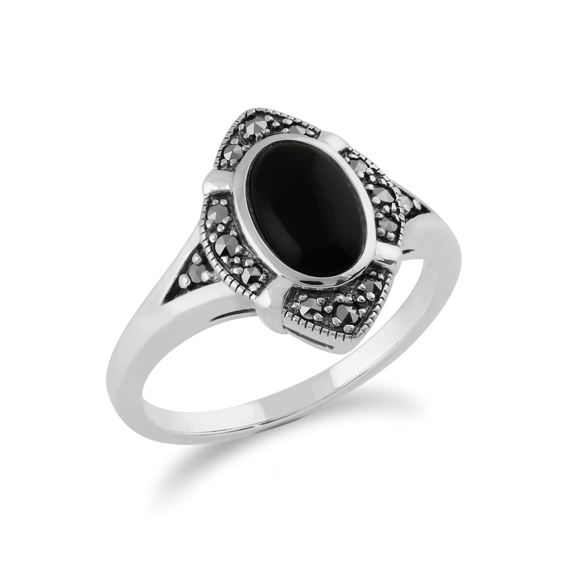214R585201925 Gemondo 925 Sterling Silver 1.00ct Black Onyx & Marcasite Art Deco Ring 2