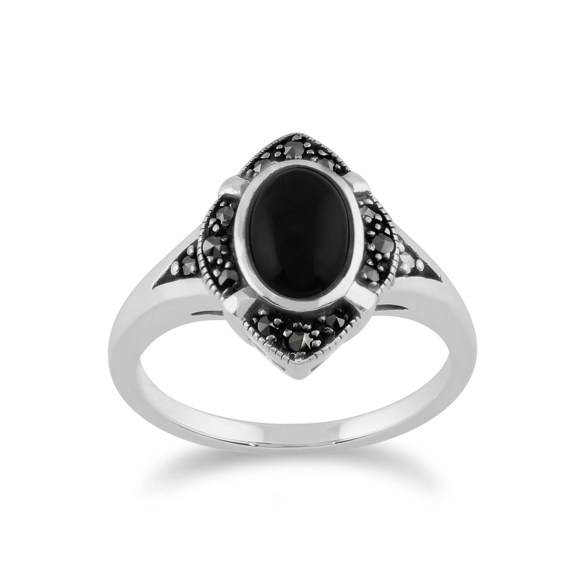 Gemondo 925 Sterling Silver 1.00ct Black Onyx & Marcasite Art Deco Ring Image 1