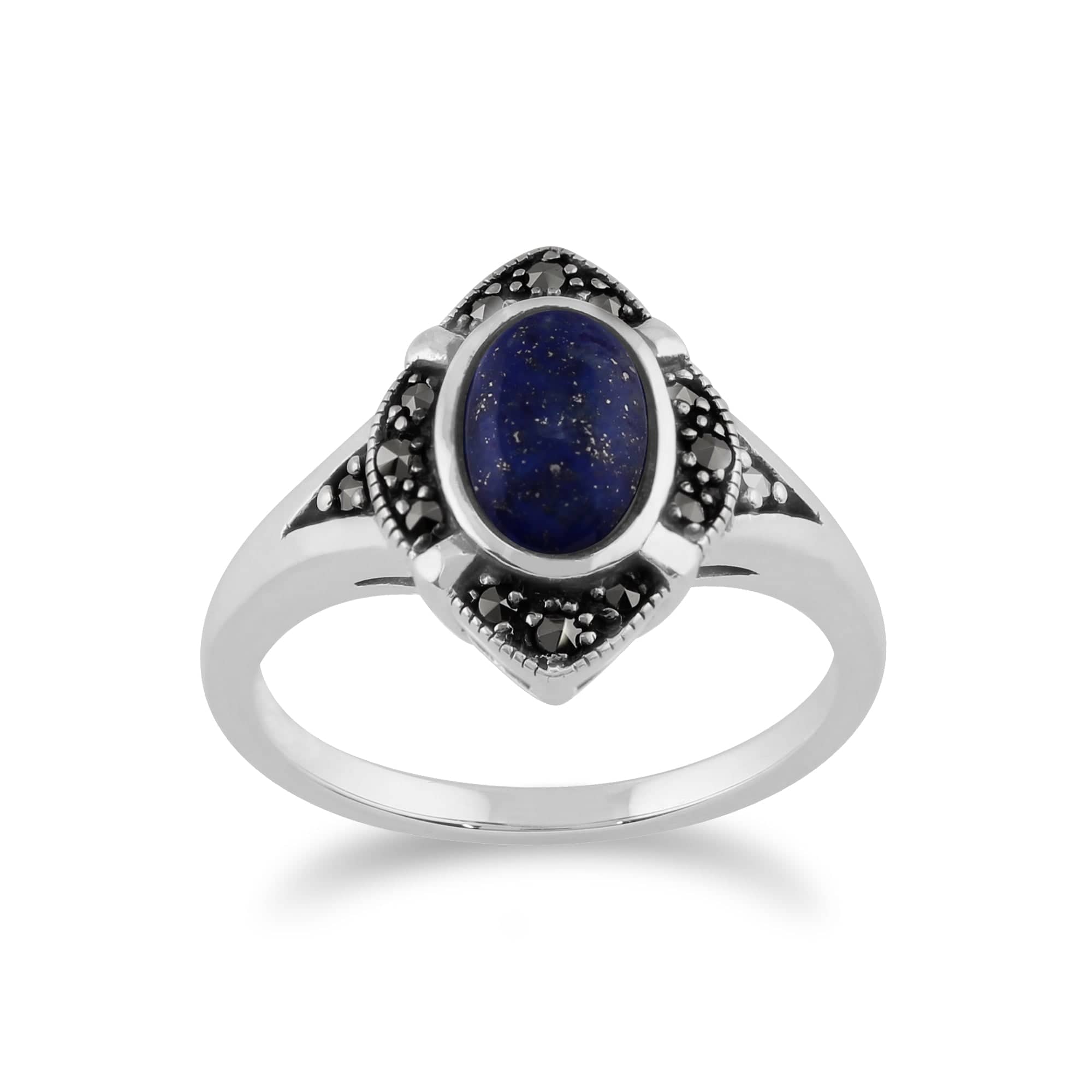 Gemondo 925 Sterling Silver 1.00ct Lapis Lazuli & Marcasite Art Deco Ring Image 1