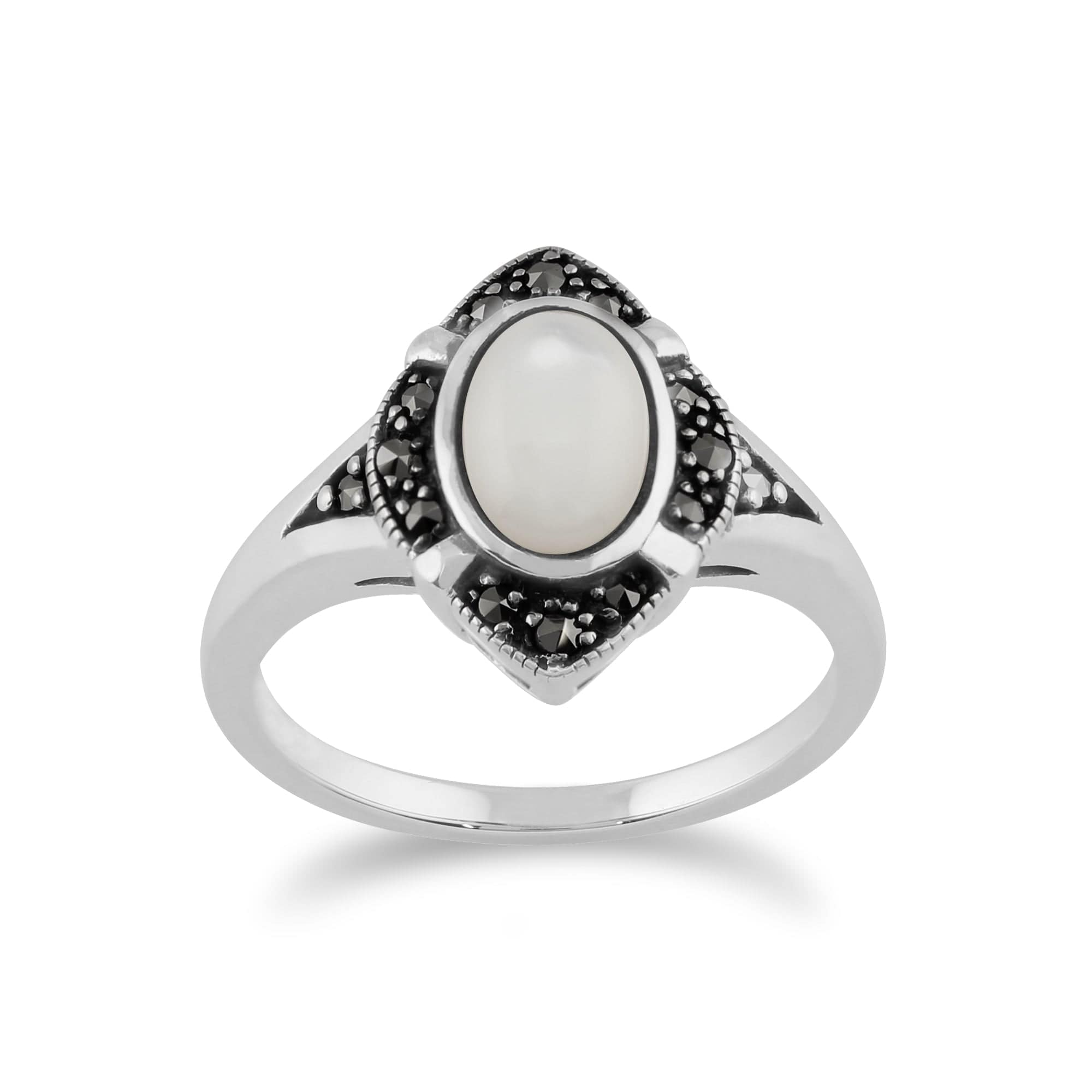 Gemondo 925 Sterling Silver 1.00ct Mother of Pearl & Marcasite Art Deco Ring Image 1