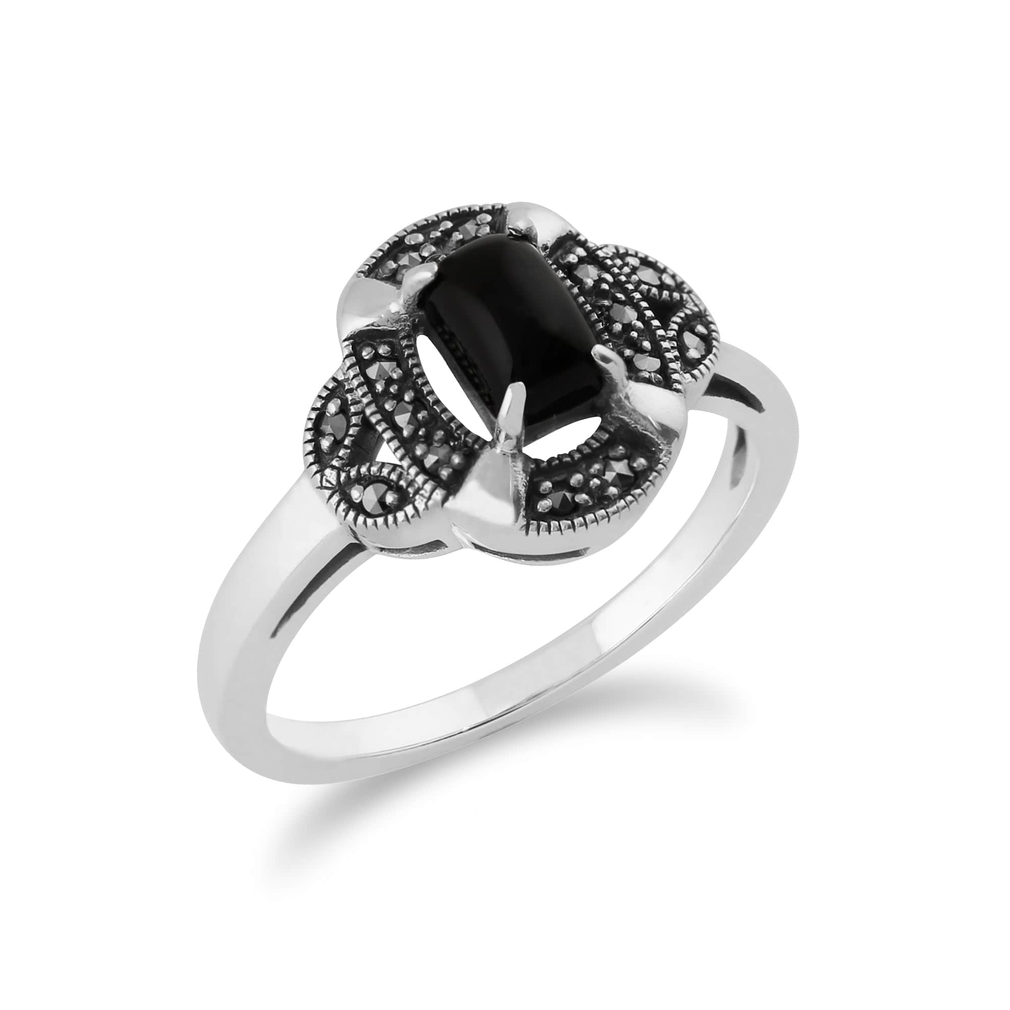 214R585701925 Gemondo 925 Sterling Silver 0.50ct Black Onyx & Marcasite Art Deco Ring 2
