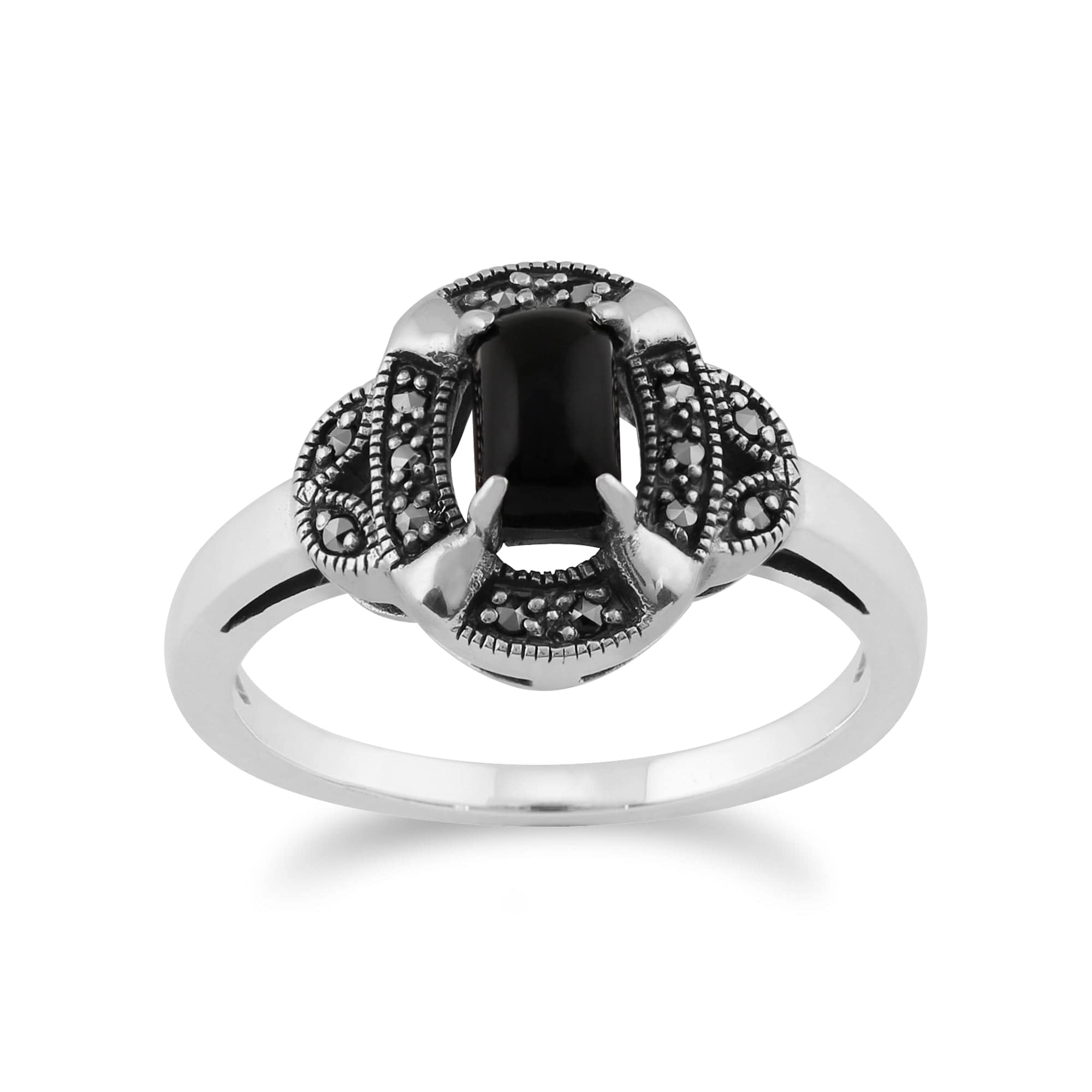 Gemondo 925 Sterling Silver 0.50ct Black Onyx & Marcasite Art Deco Ring Image 1