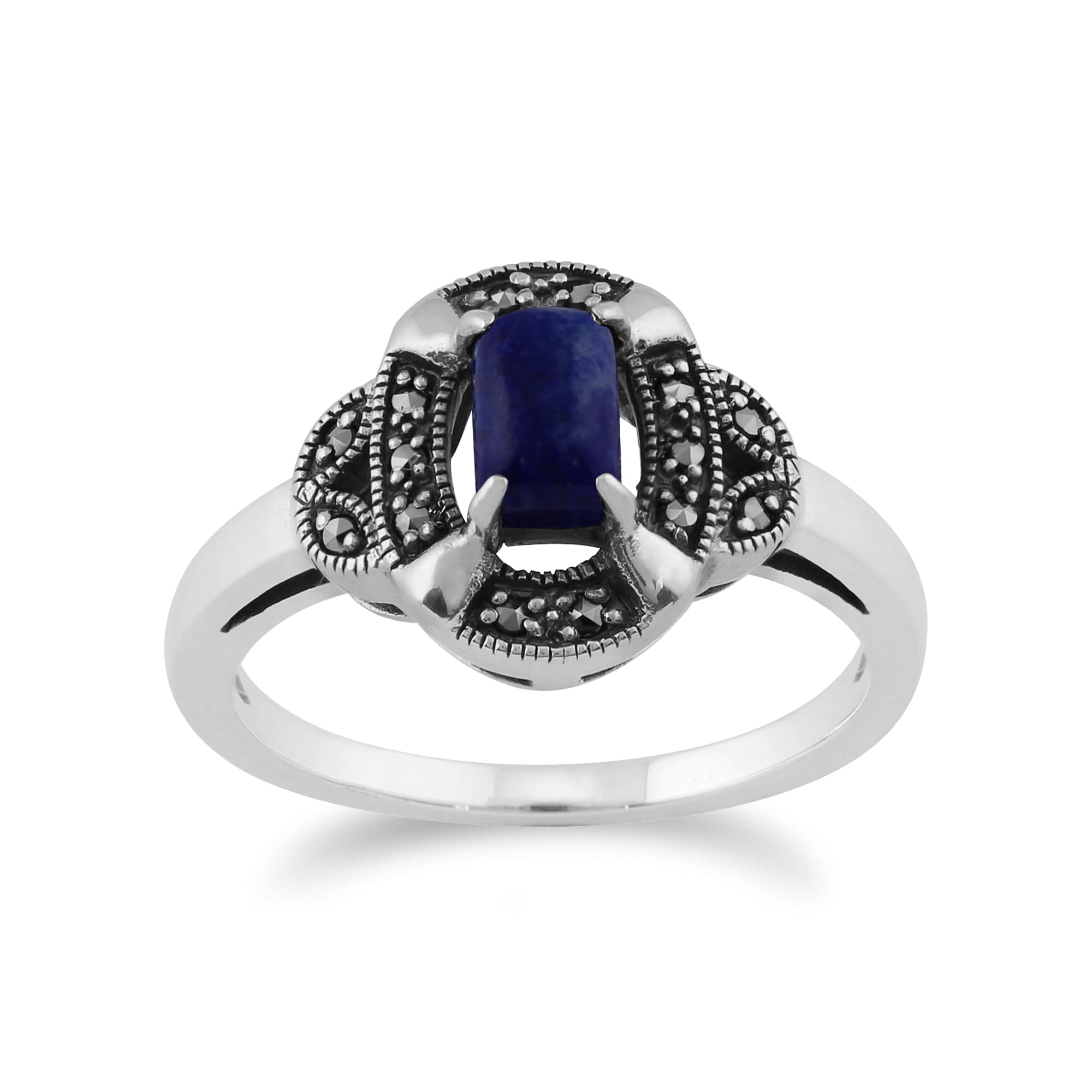 Gemondo 925 Sterling Silver 0.50ct Lapis Lazuli & Marcasite Art Deco Ring Image 1
