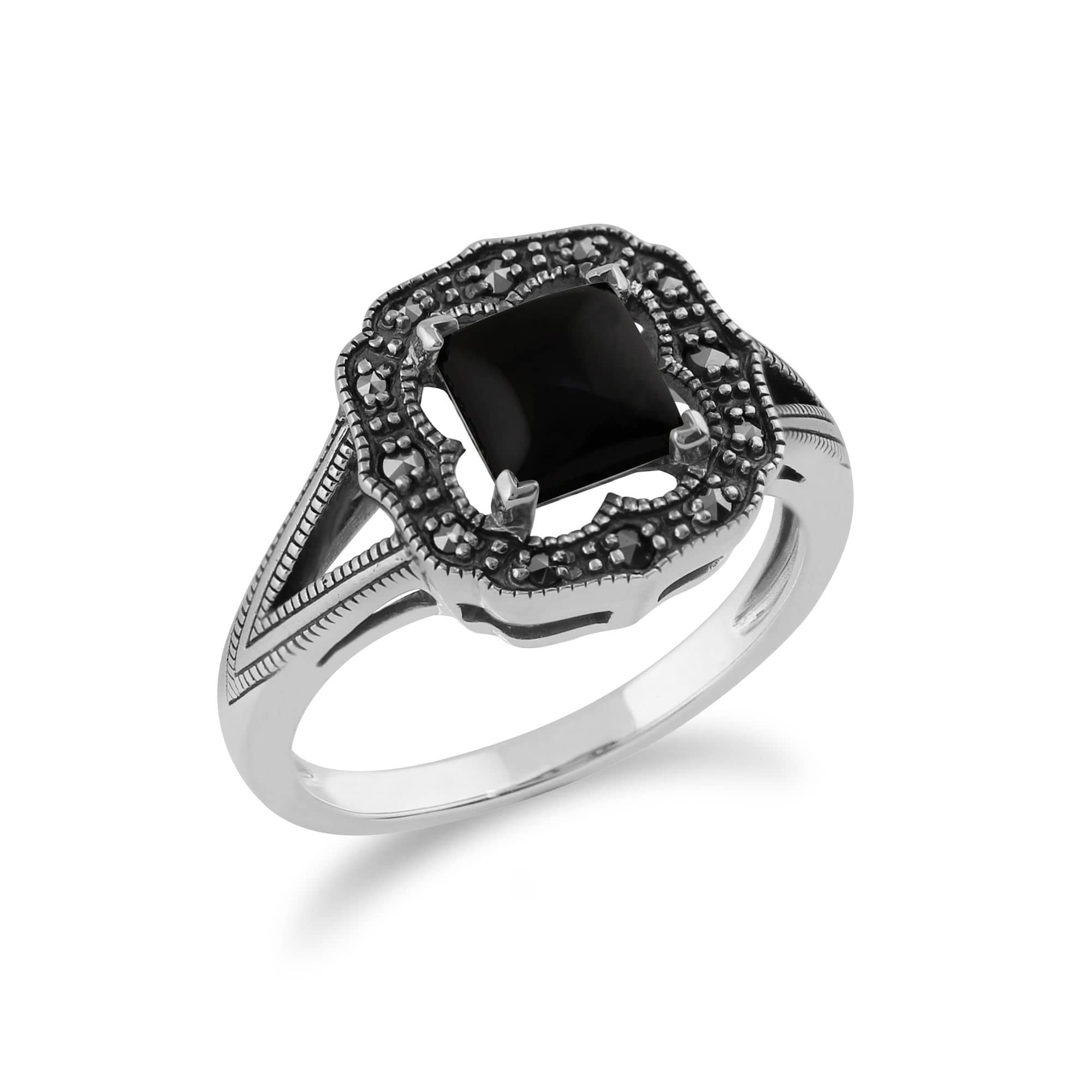 214R585801925 Gemondo 925 Sterling Silver 0.58ct Black Onyx & Marcasite Art Deco Ring 2