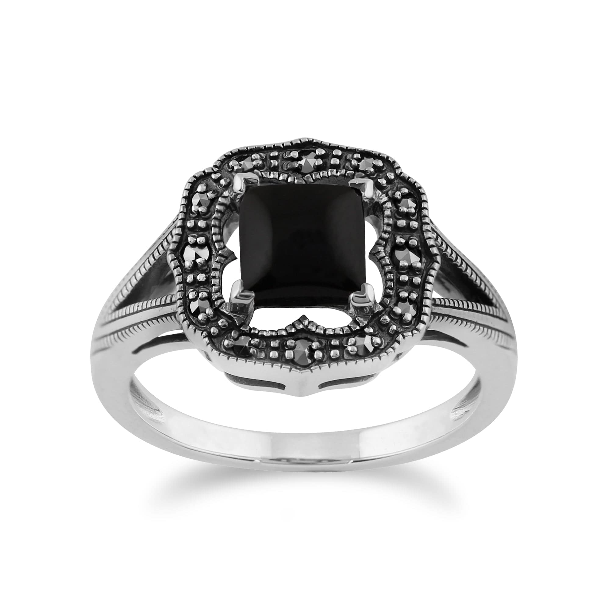 Gemondo 925 Sterling Silver 0.58ct Black Onyx & Marcasite Art Deco Ring Image 1